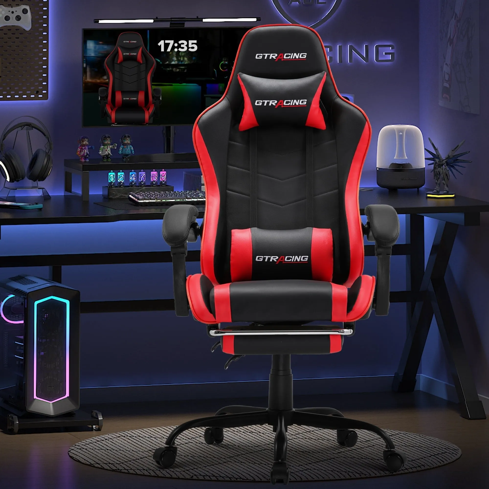 GTRACING GTW-200-RED Height Adjustable Office Swivel Reclining Gaming Chair W/Footrest, Red