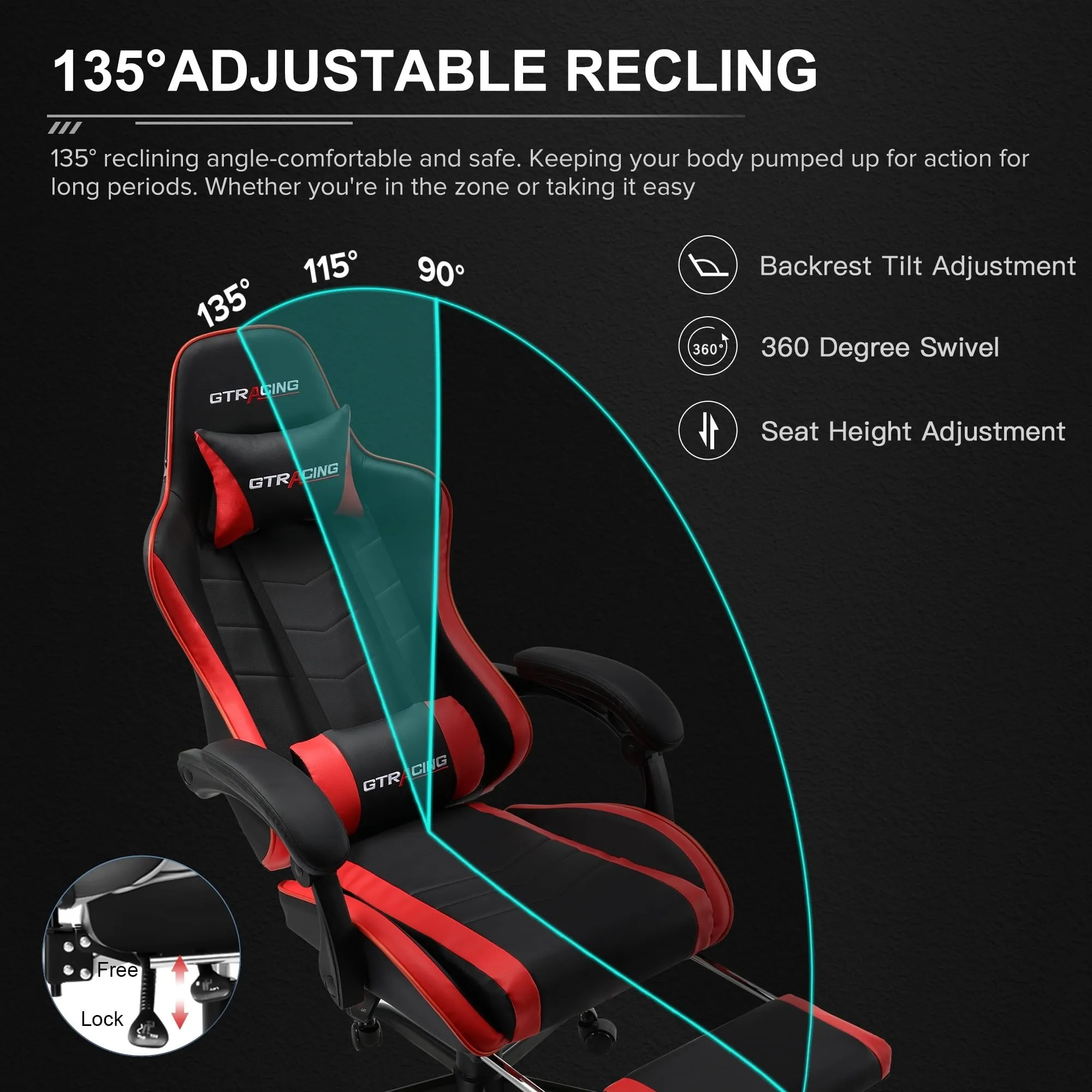 GTRACING GTW-200-RED Height Adjustable Office Swivel Reclining Gaming Chair W/Footrest, Red