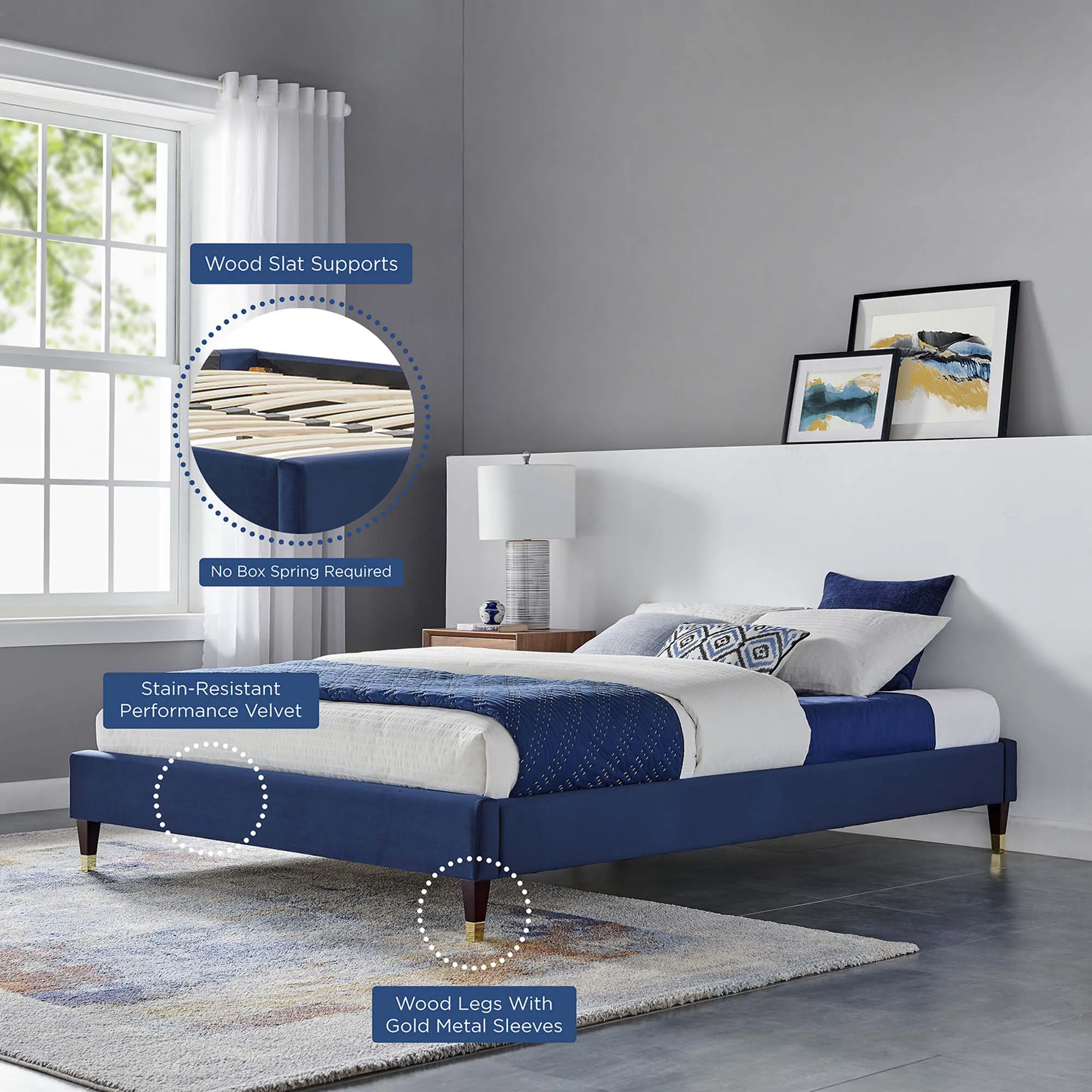 Liva Performance Velvet Bed With Wood and Gold Legs by Modway
