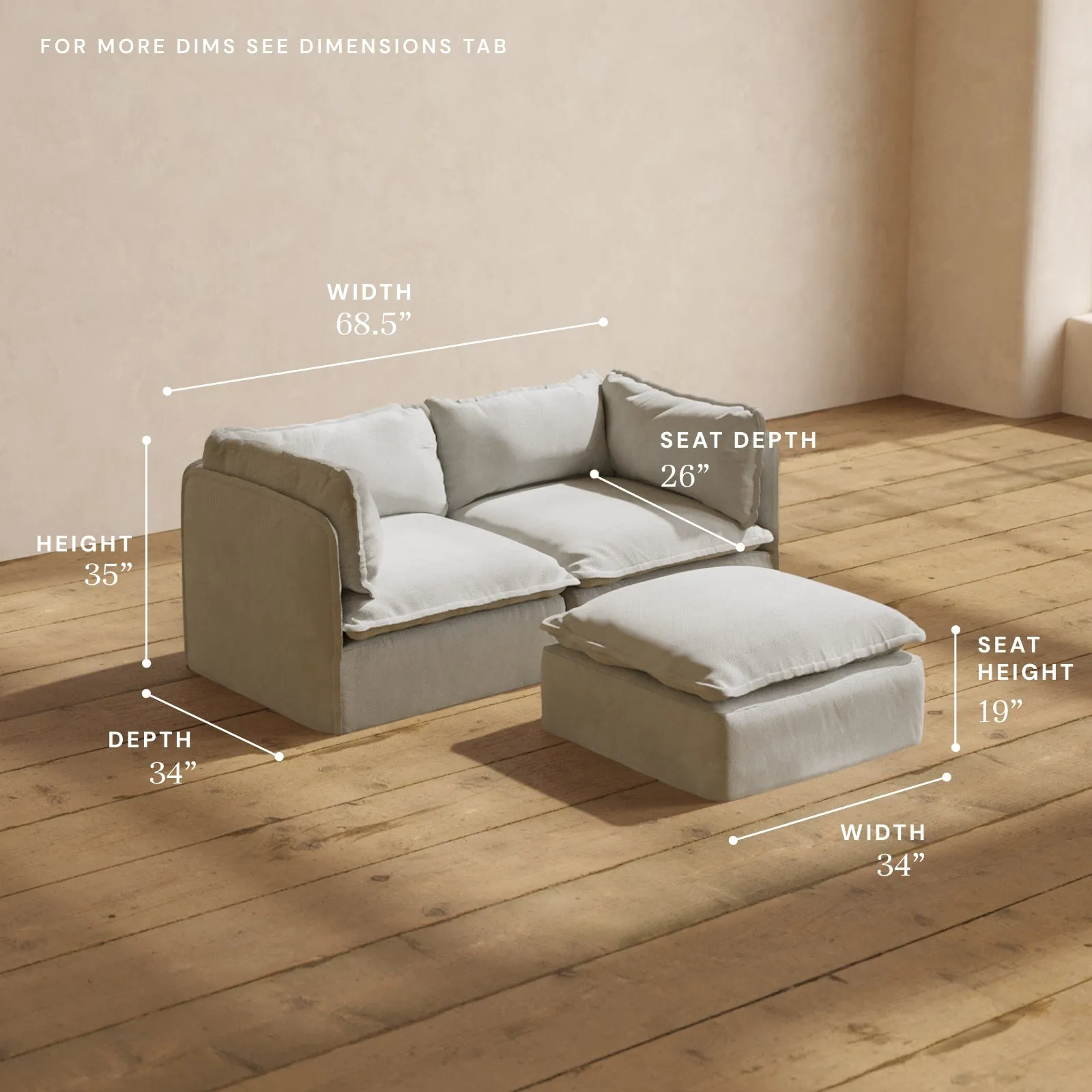 Modular Performance 2-Seater   Ottoman in Cloud | Relaxed Blend