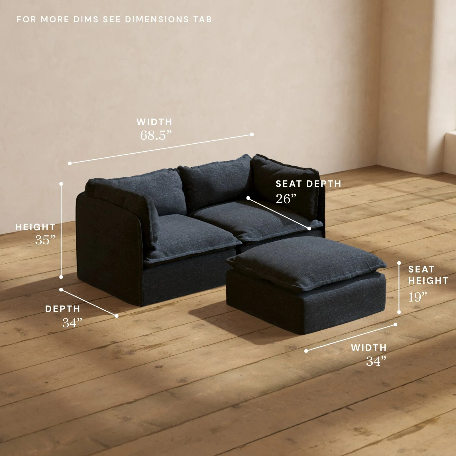 Modular Performance 2-Seater   Ottoman in Indigo | Relaxed Blend