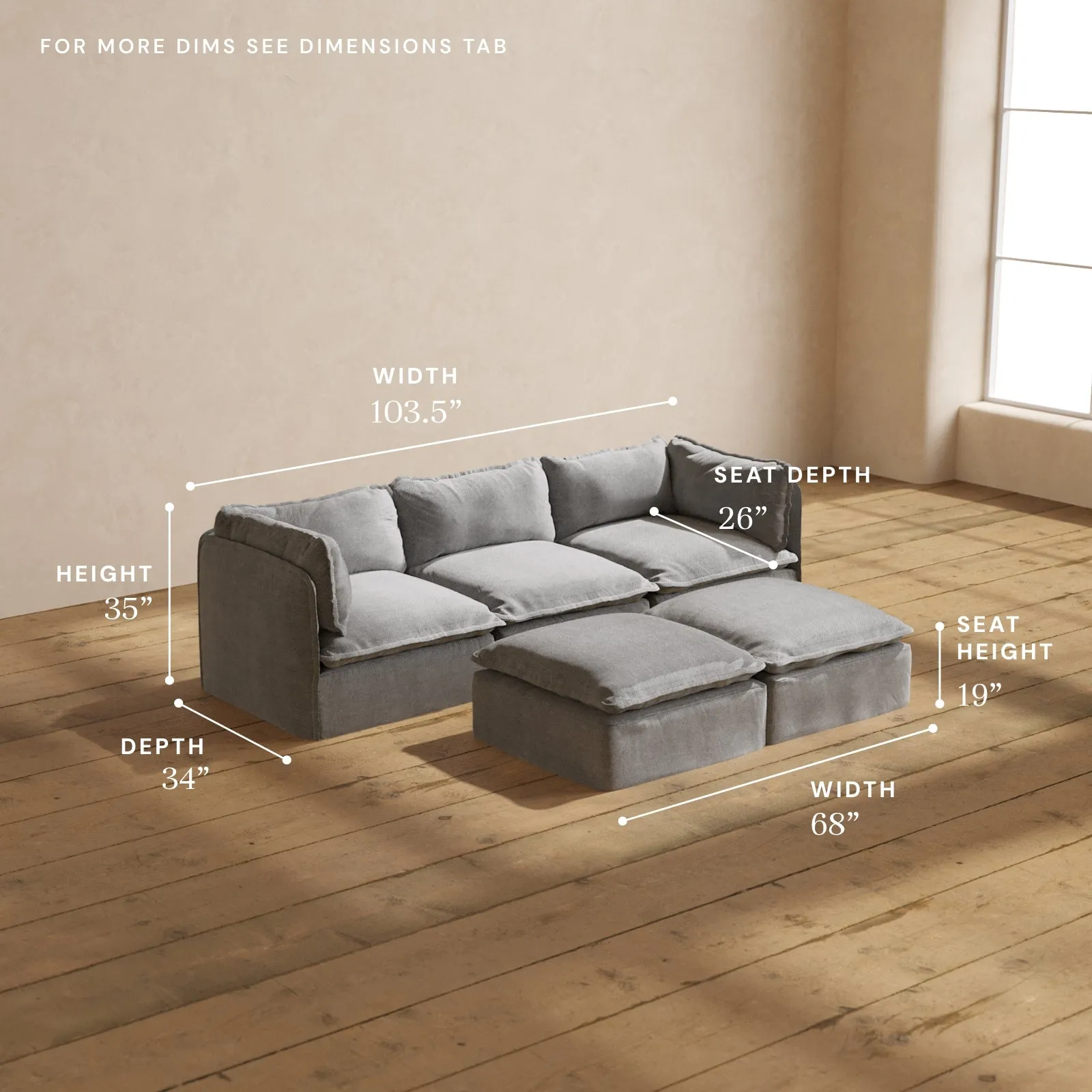 Modular Performance 3-Seater   Bench Ottoman in Ash | Relaxed Blend