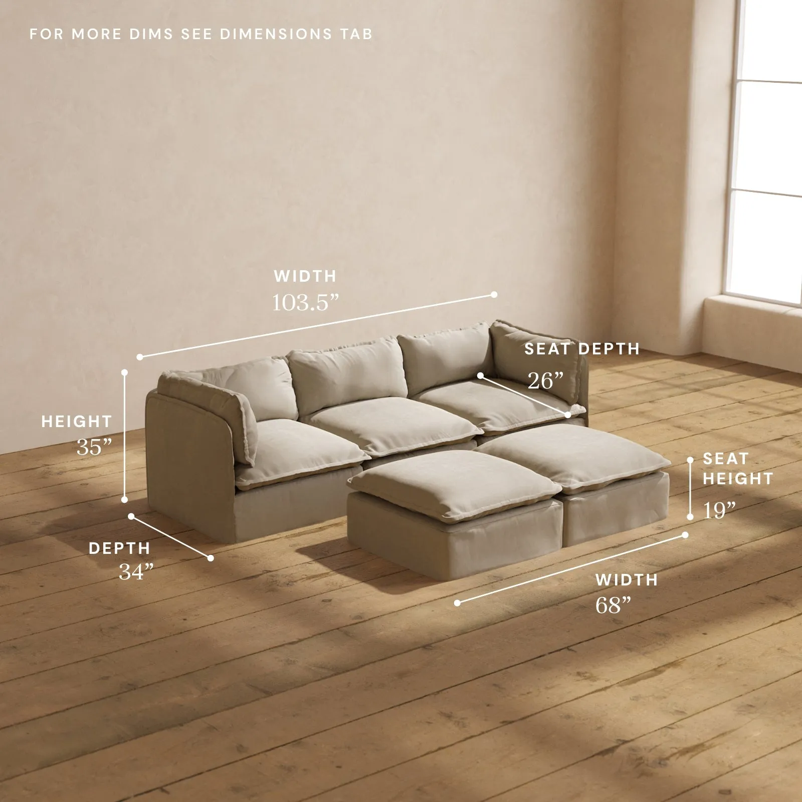 Modular Performance 3-Seater   Bench Ottoman in Dune | Relaxed Blend