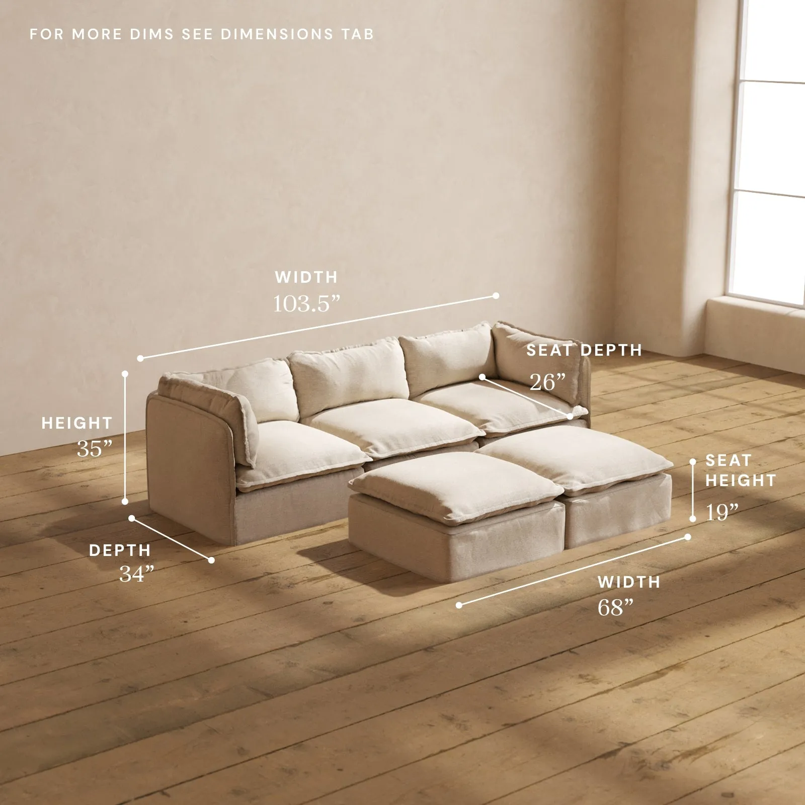 Modular Performance 3-Seater   Bench Ottoman in Oat | Relaxed Blend