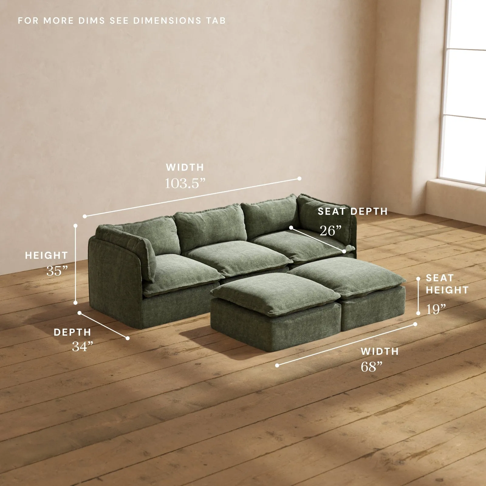 Modular Performance 3-Seater   Bench Ottoman in Willow | Relaxed Blend