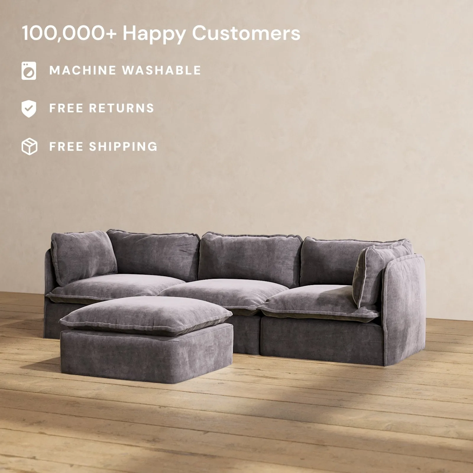 Modular Performance 3-Seater   Ottoman in Cinder | Deluxe Blend