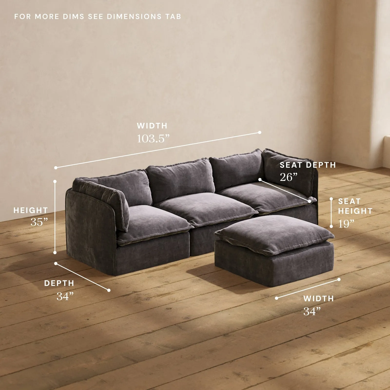 Modular Performance 3-Seater   Ottoman in Cinder | Deluxe Blend