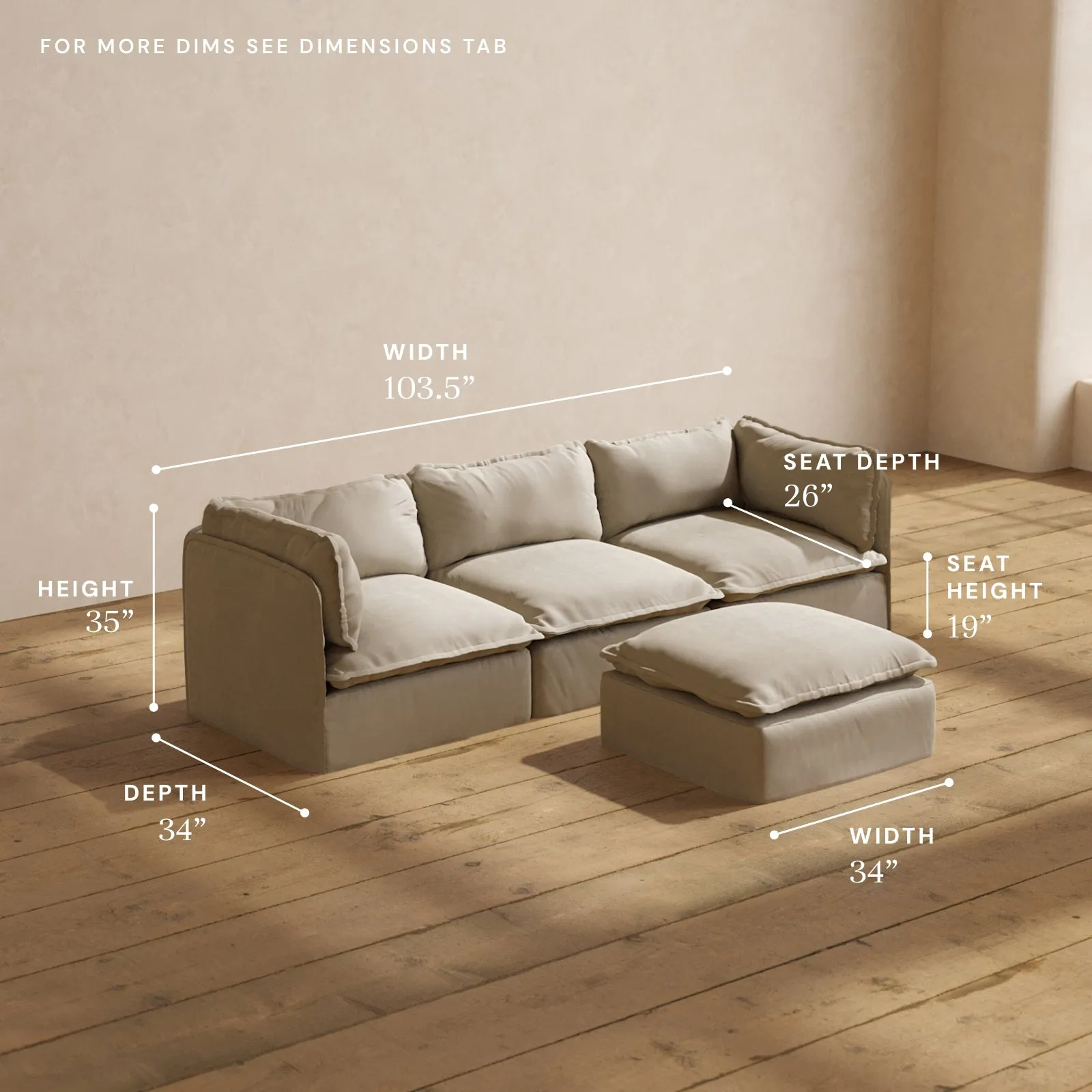 Modular Performance 3-Seater   Ottoman in Dune | Deluxe Blend