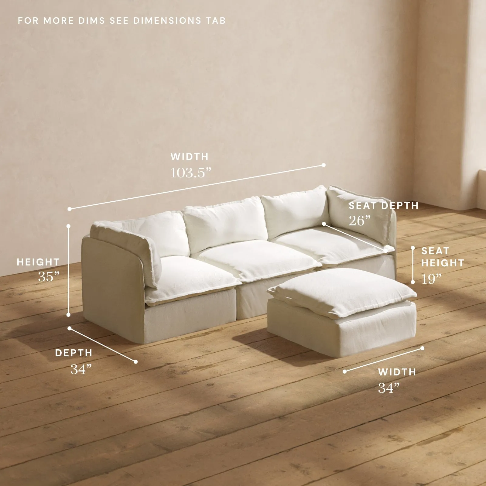 Modular Performance 3-Seater   Ottoman in Eggshell | Relaxed Blend