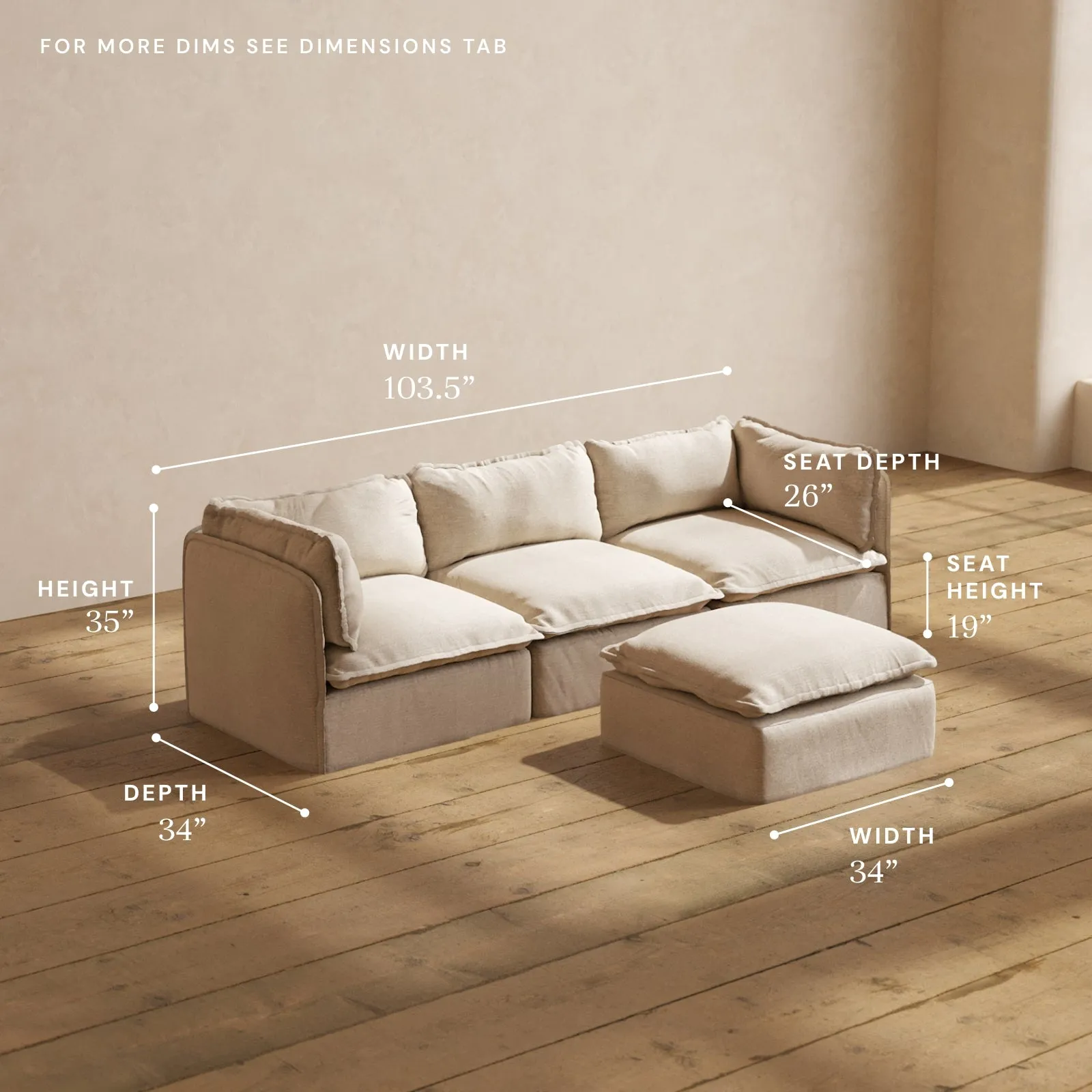 Modular Performance 3-Seater   Ottoman in Oat | Deluxe Blend