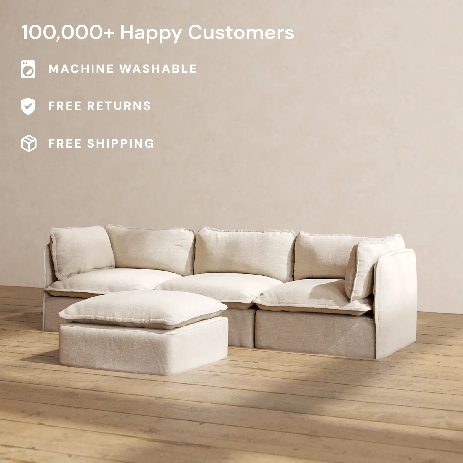 Modular Performance 3-Seater   Ottoman in Oat | Deluxe Blend