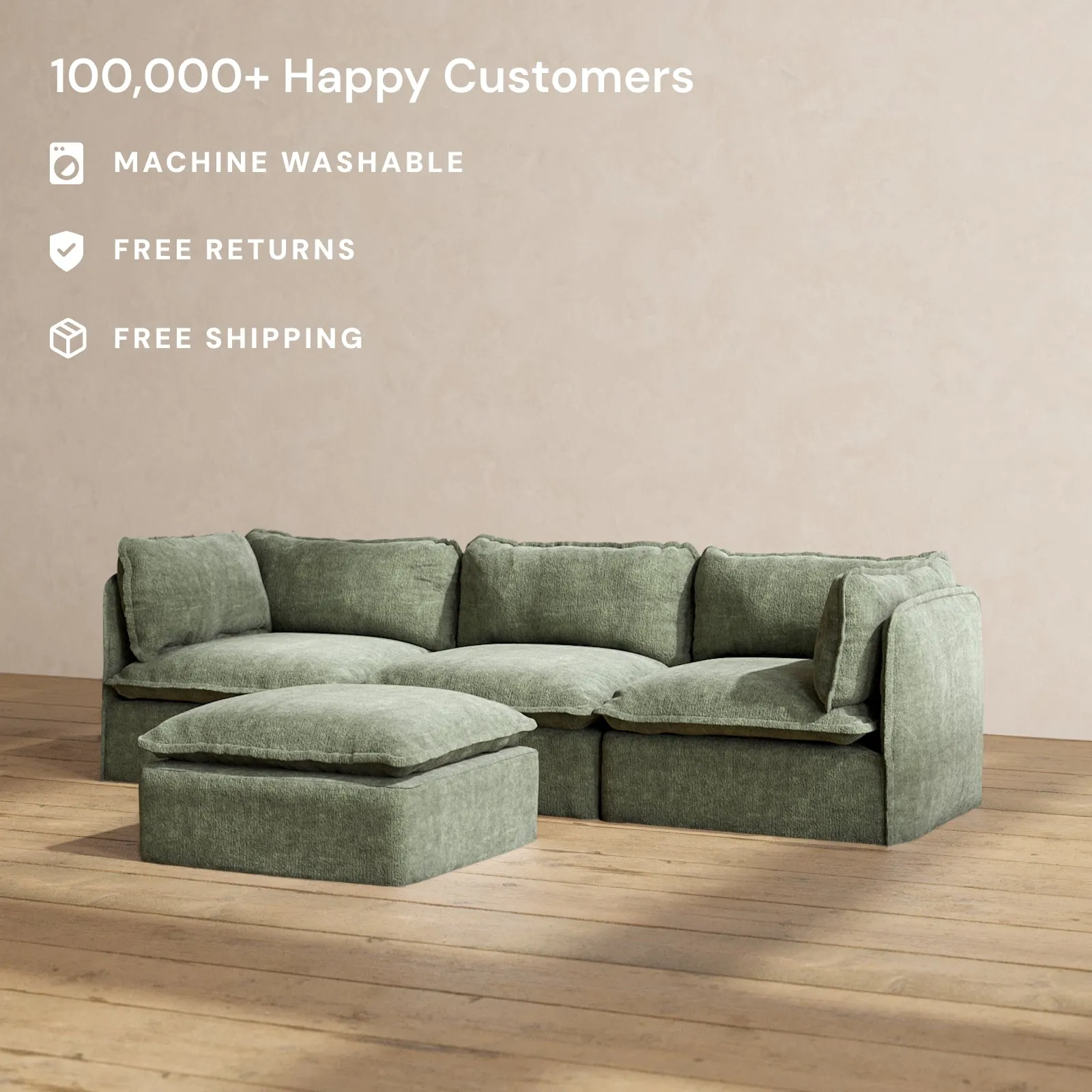 Modular Performance 3-Seater   Ottoman in Willow | Deluxe Blend