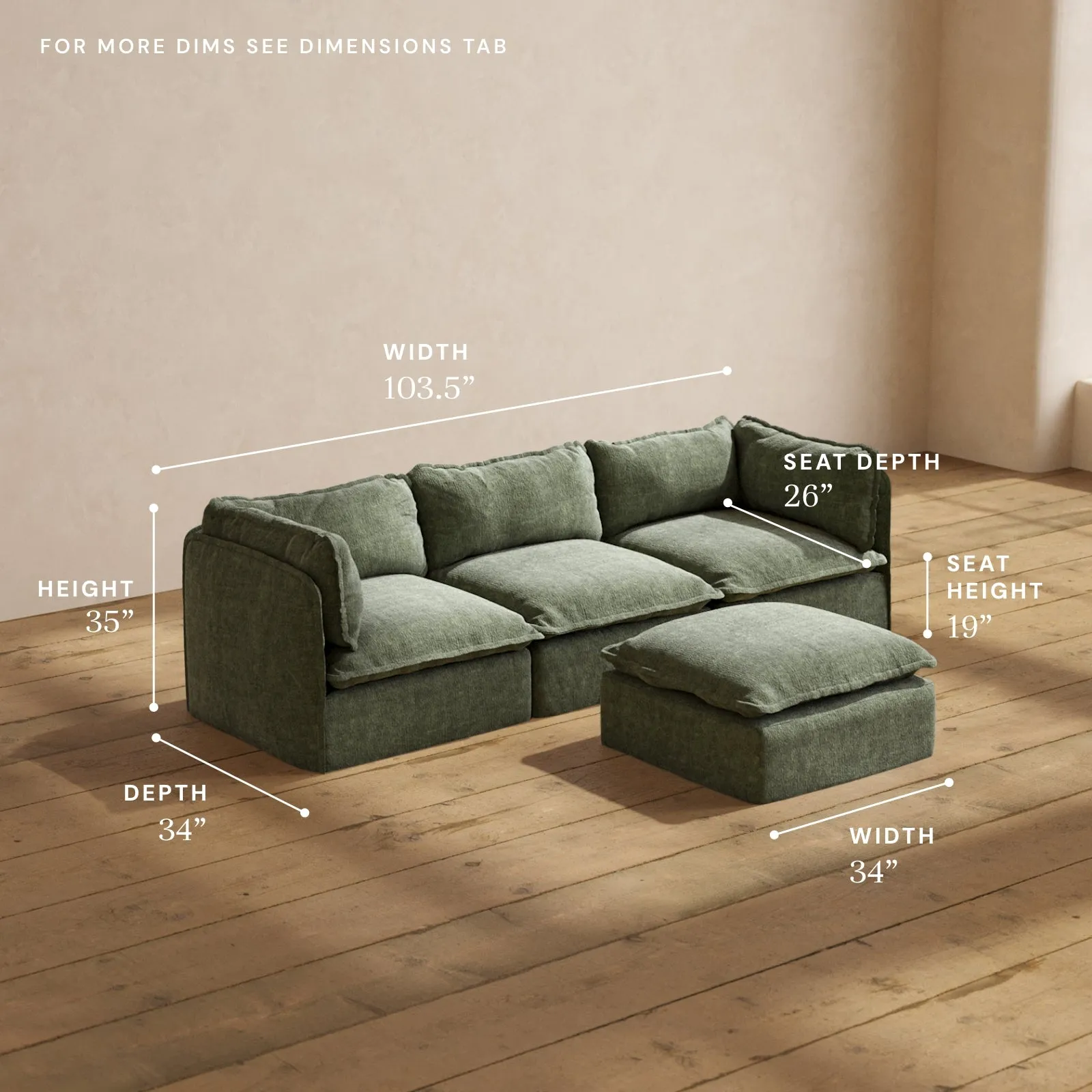 Modular Performance 3-Seater   Ottoman in Willow | Deluxe Blend