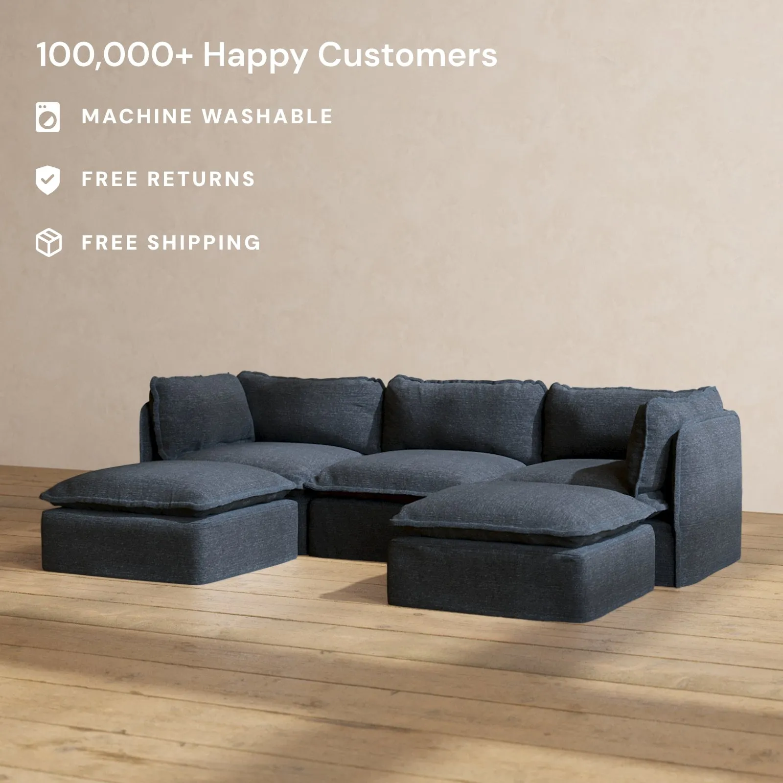 Modular Performance 3-Seater U-Sectional in Indigo | Deluxe Blend