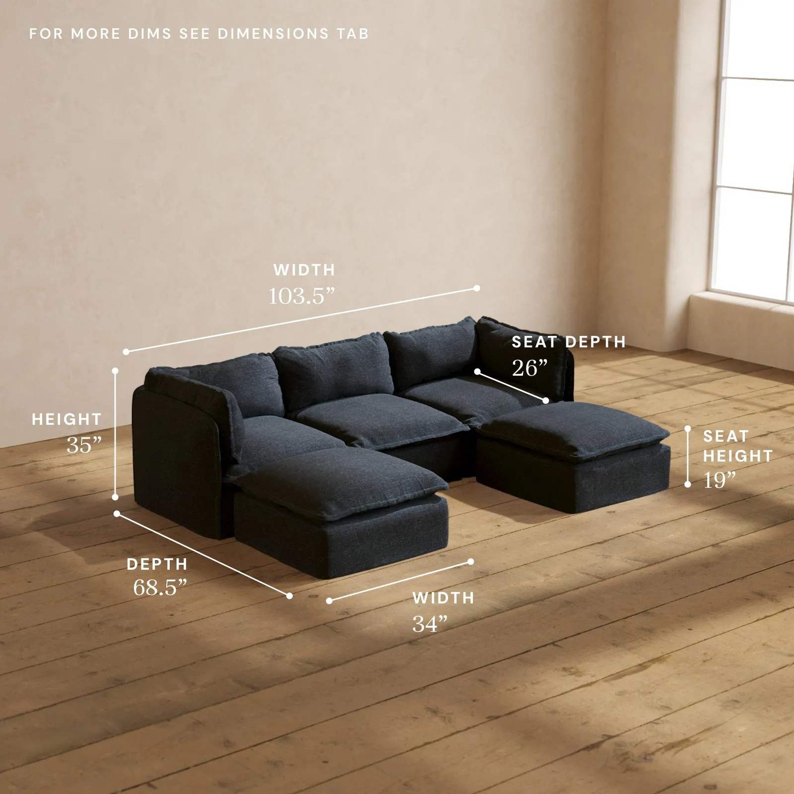 Modular Performance 3-Seater U-Sectional in Indigo | Deluxe Blend