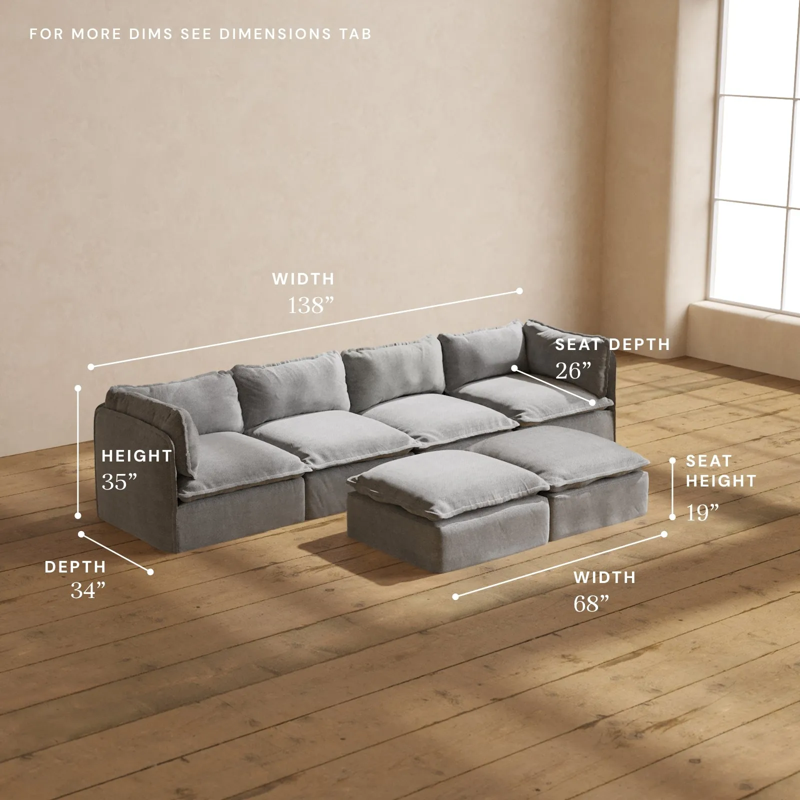 Modular Performance 4-Seater   Bench Ottoman in Ash | Deluxe Blend