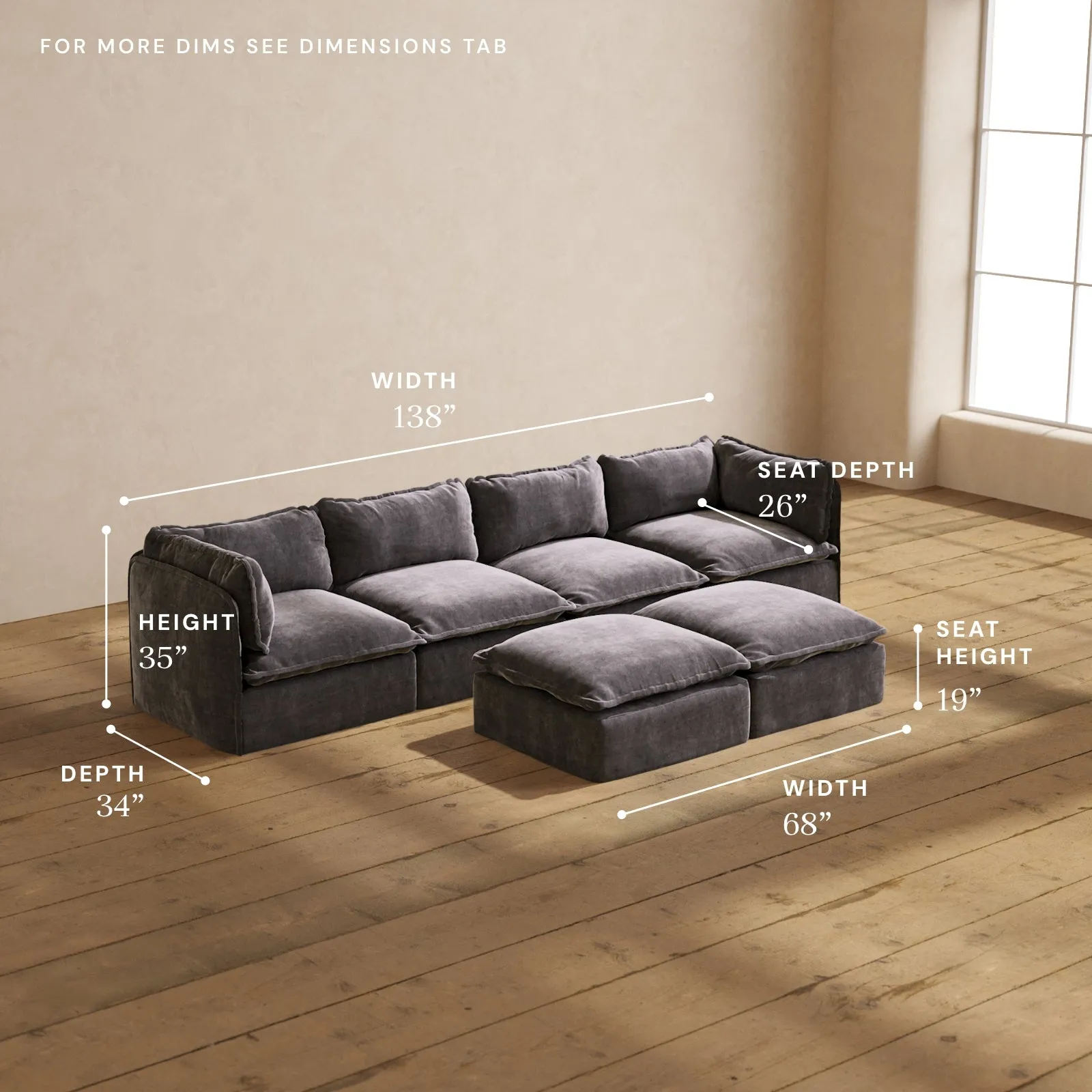 Modular Performance 4-Seater   Bench Ottoman in Cinder | Relaxed Blend