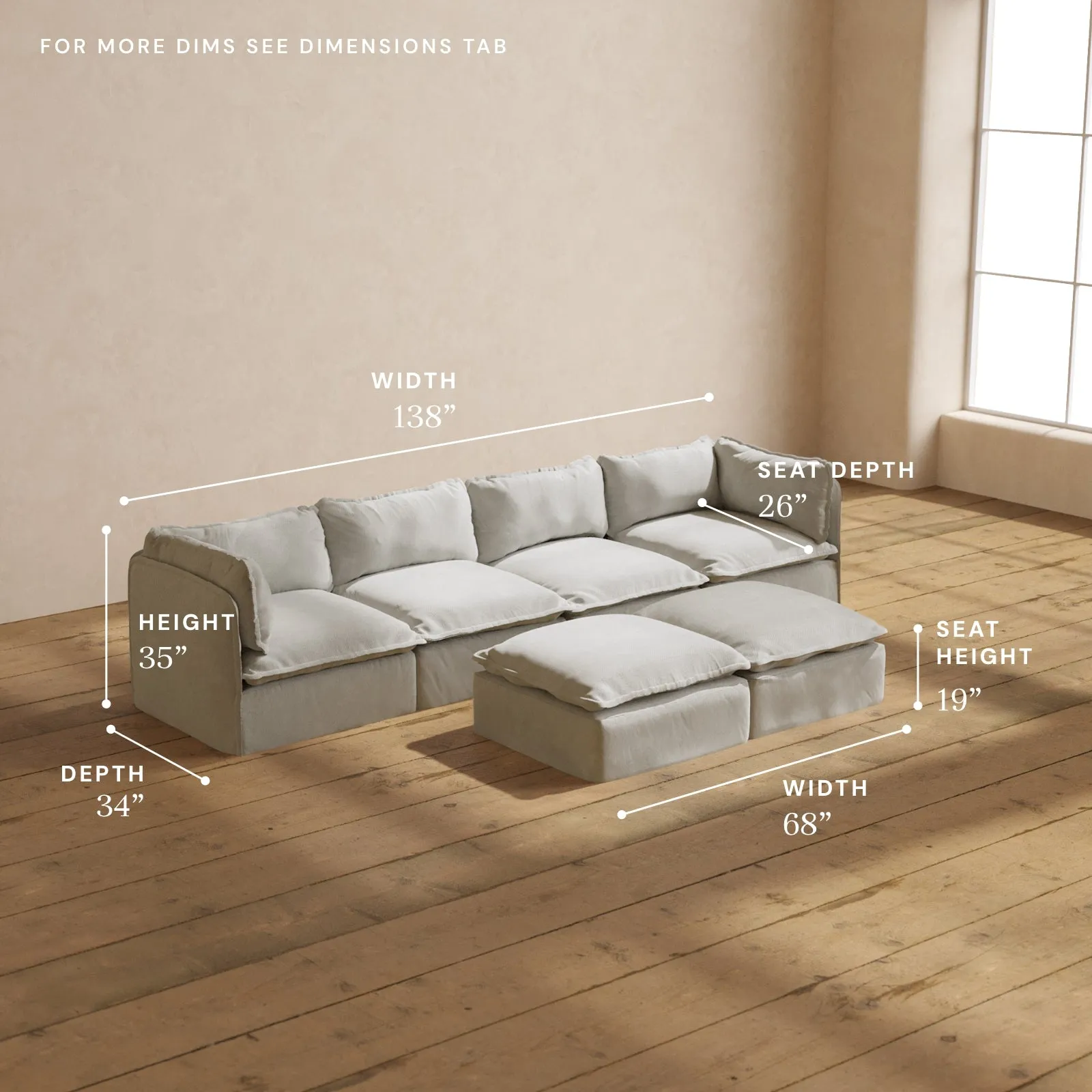 Modular Performance 4-Seater   Bench Ottoman in Cloud | Deluxe Blend