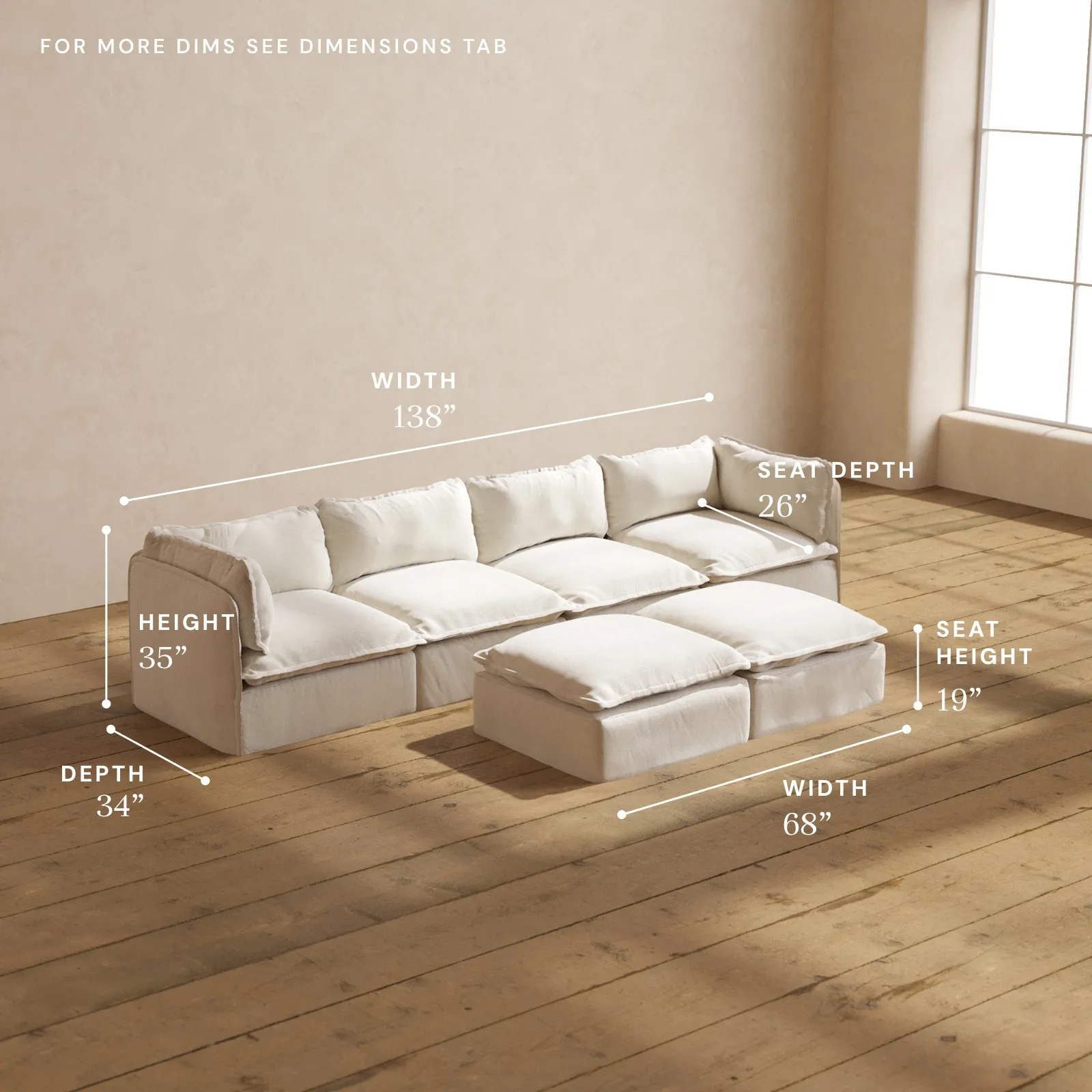 Modular Performance 4-Seater   Bench Ottoman in Flour | Deluxe Blend