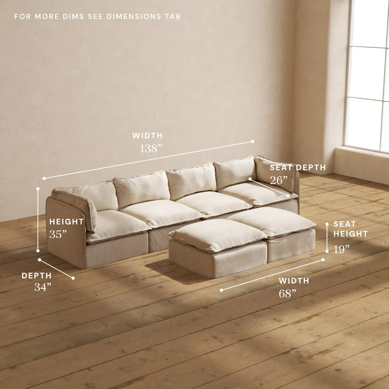 Modular Performance 4-Seater   Bench Ottoman in Oat | Relaxed Blend
