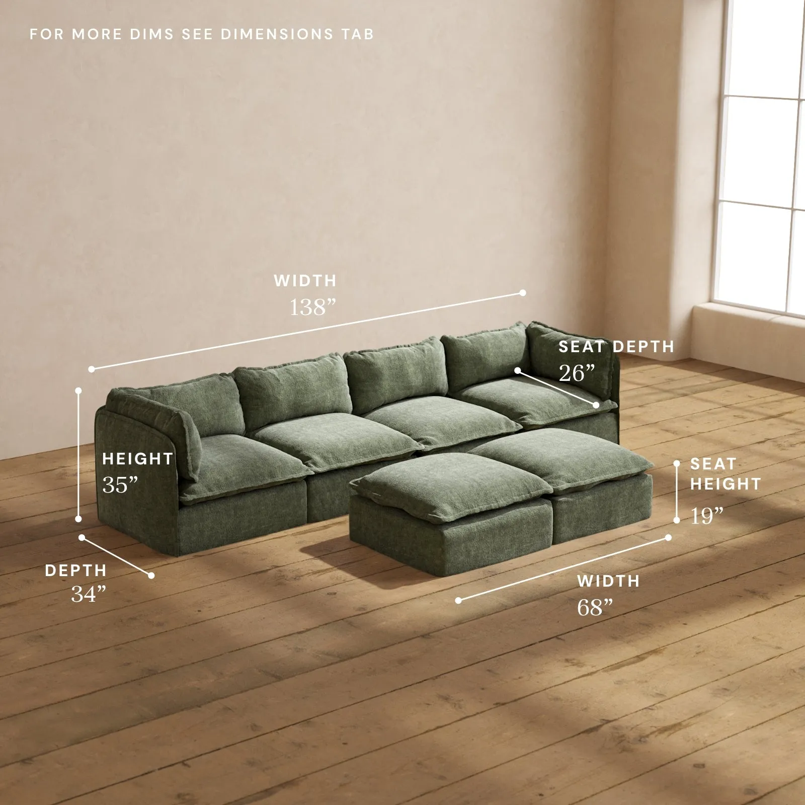 Modular Performance 4-Seater   Bench Ottoman in Willow | Relaxed Blend