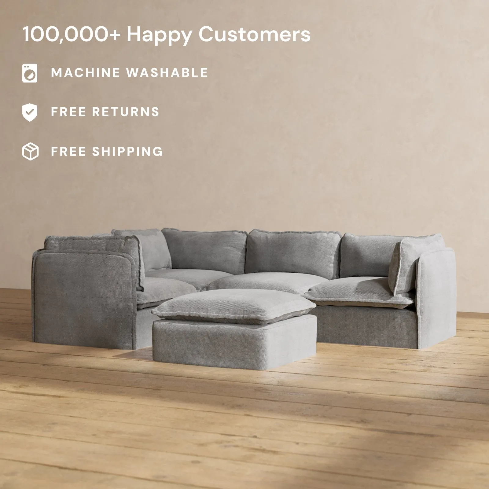 Modular Performance 4-Seater Corner Sectional   Ottoman in Ash | Relaxed Blend