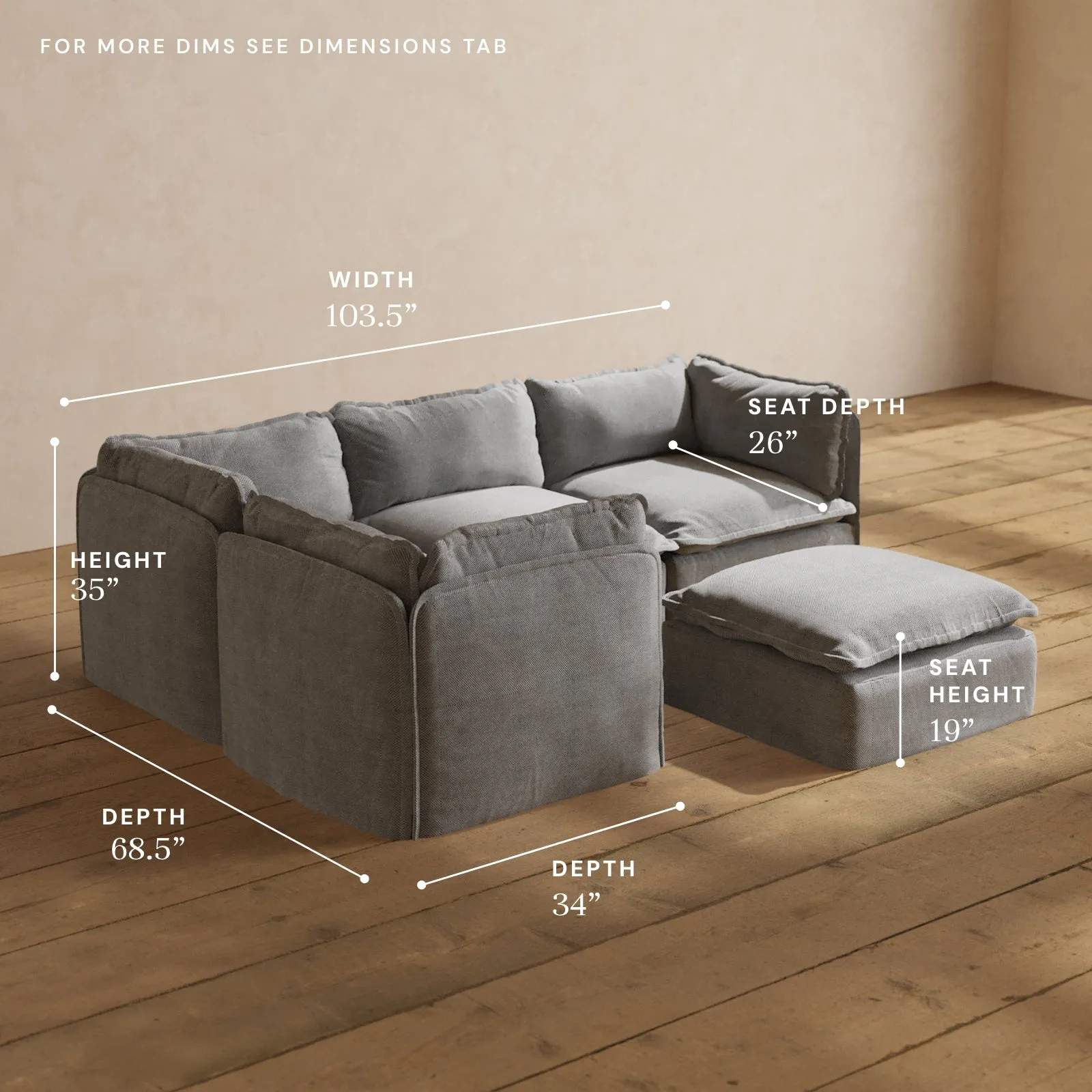 Modular Performance 4-Seater Corner Sectional   Ottoman in Ash | Relaxed Blend