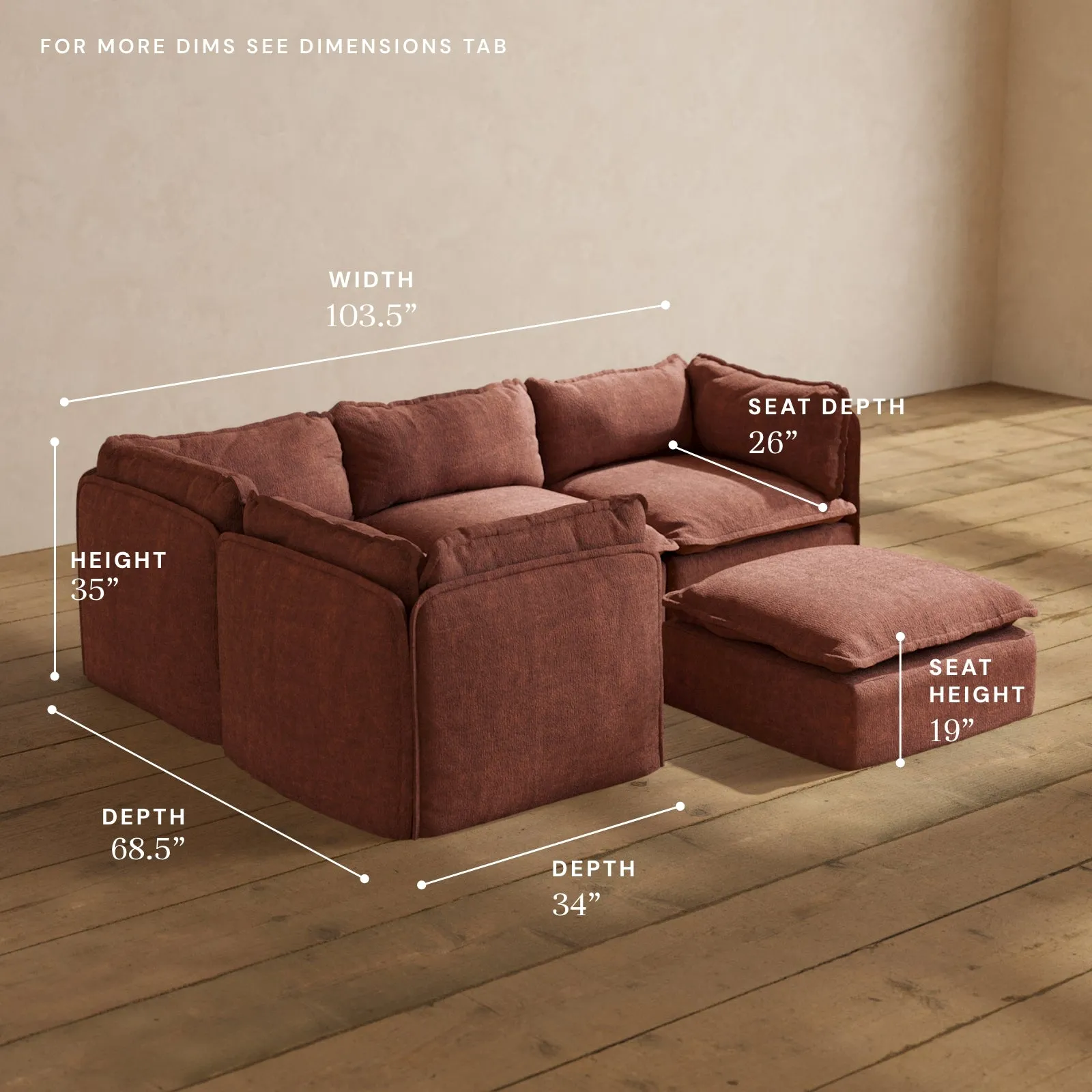 Modular Performance 4-Seater Corner Sectional   Ottoman in Chestnut | Deluxe Blend