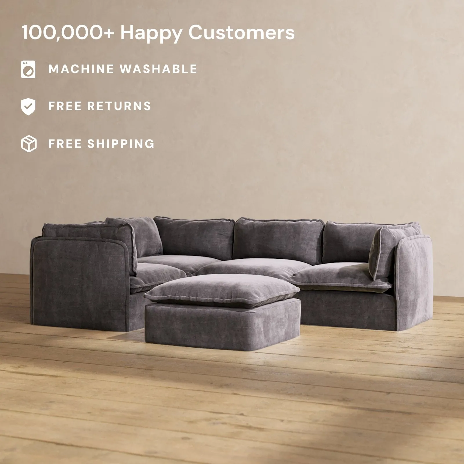 Modular Performance 4-Seater Corner Sectional   Ottoman in Cinder | Relaxed Blend