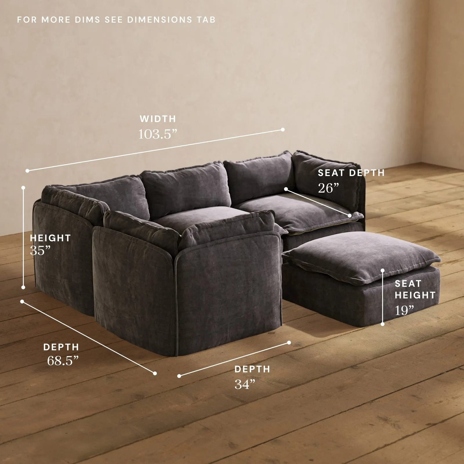 Modular Performance 4-Seater Corner Sectional   Ottoman in Cinder | Relaxed Blend