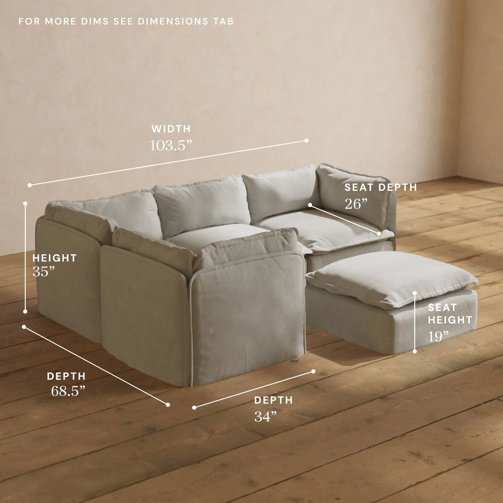 Modular Performance 4-Seater Corner Sectional   Ottoman in Cloud | Deluxe Blend