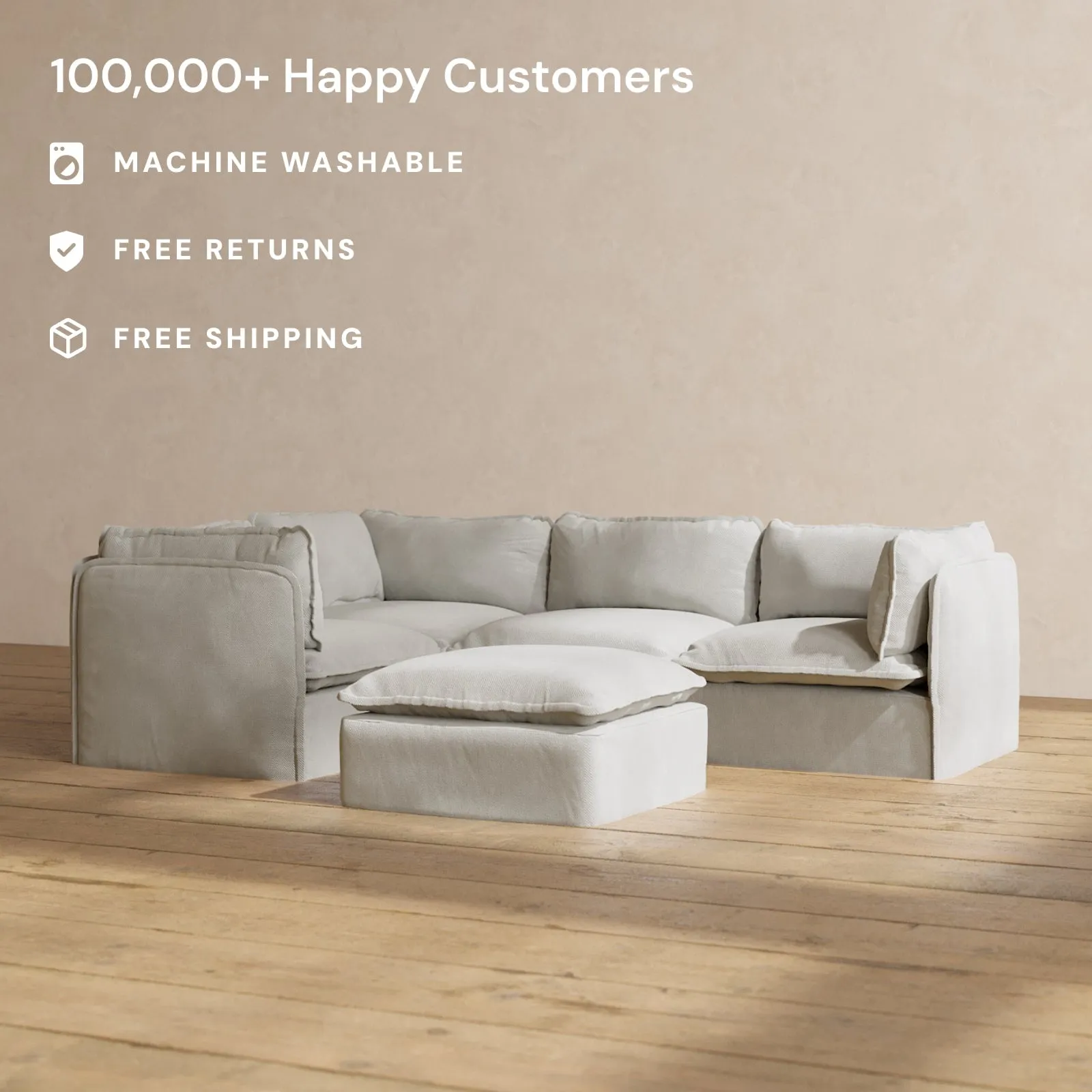 Modular Performance 4-Seater Corner Sectional   Ottoman in Cloud | Deluxe Blend