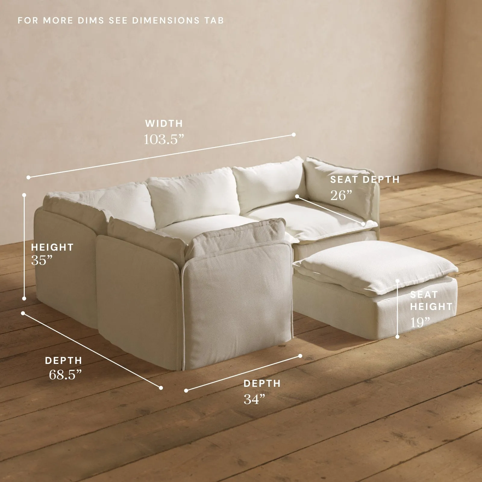Modular Performance 4-Seater Corner Sectional   Ottoman in Eggshell | Relaxed Blend