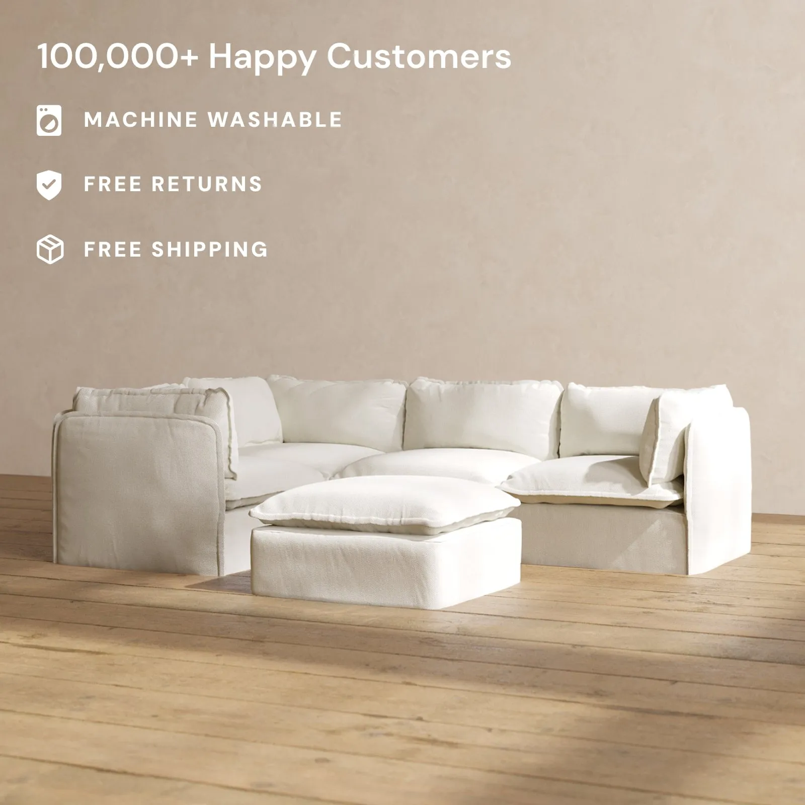 Modular Performance 4-Seater Corner Sectional   Ottoman in Eggshell | Relaxed Blend