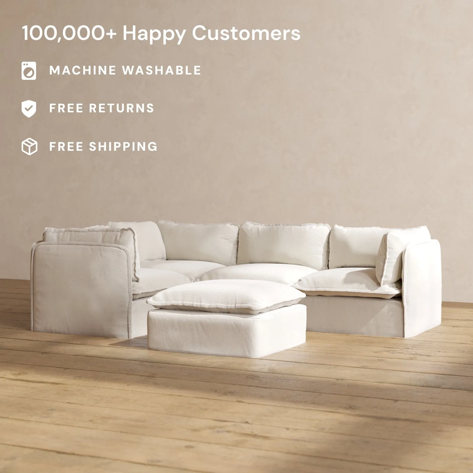 Modular Performance 4-Seater Corner Sectional   Ottoman in Flour | Deluxe Blend