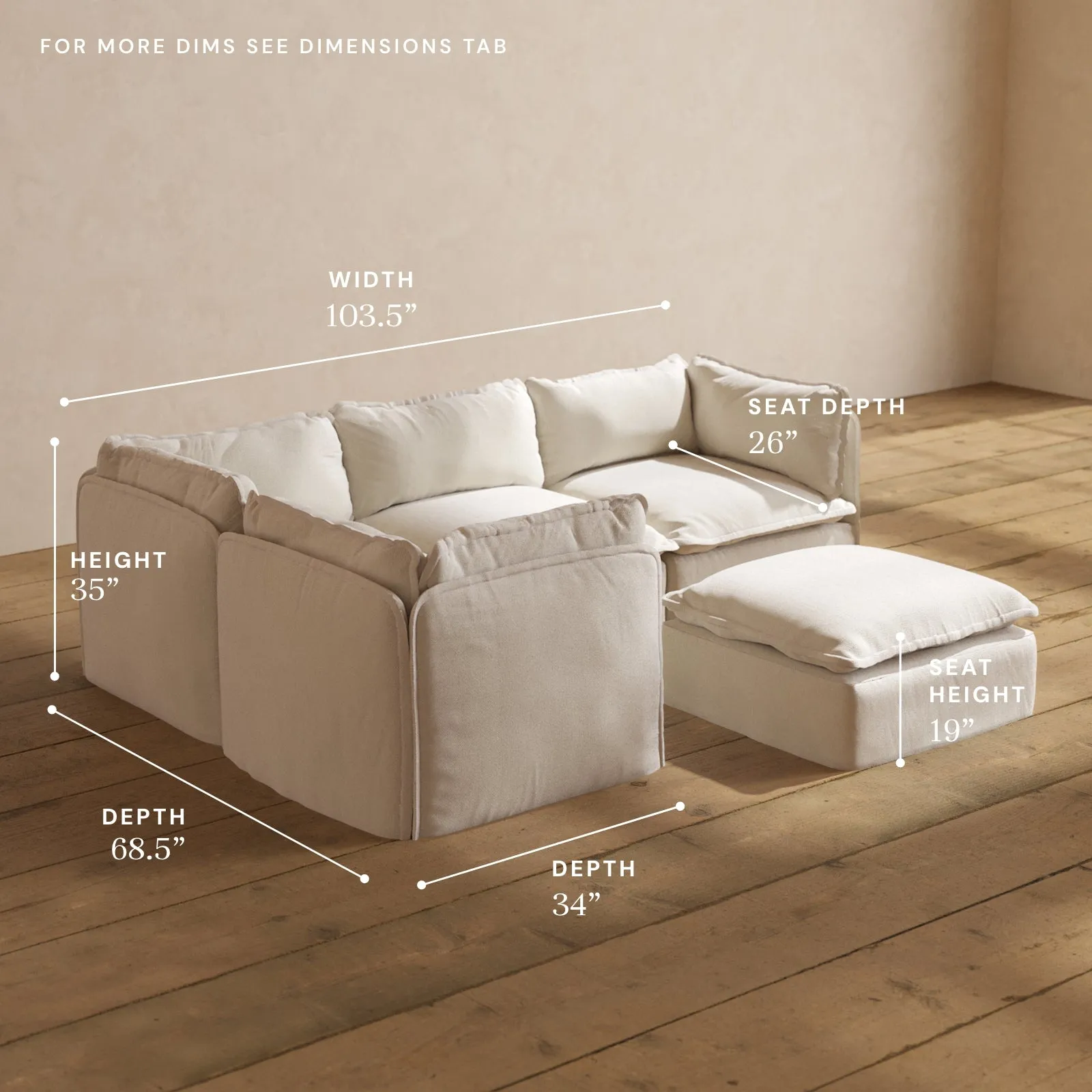 Modular Performance 4-Seater Corner Sectional   Ottoman in Flour | Deluxe Blend