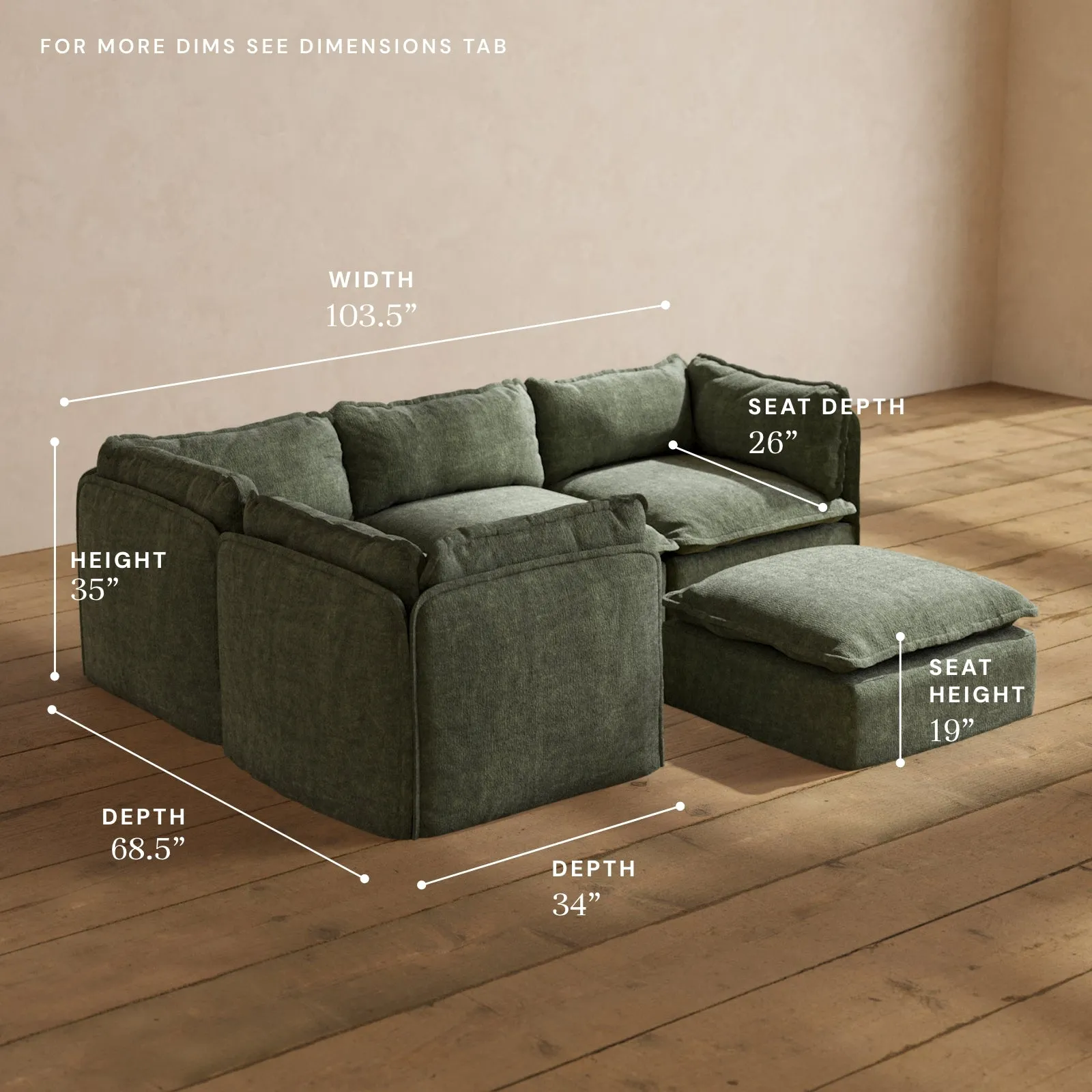 Modular Performance 4-Seater Corner Sectional   Ottoman in Willow | Deluxe Blend