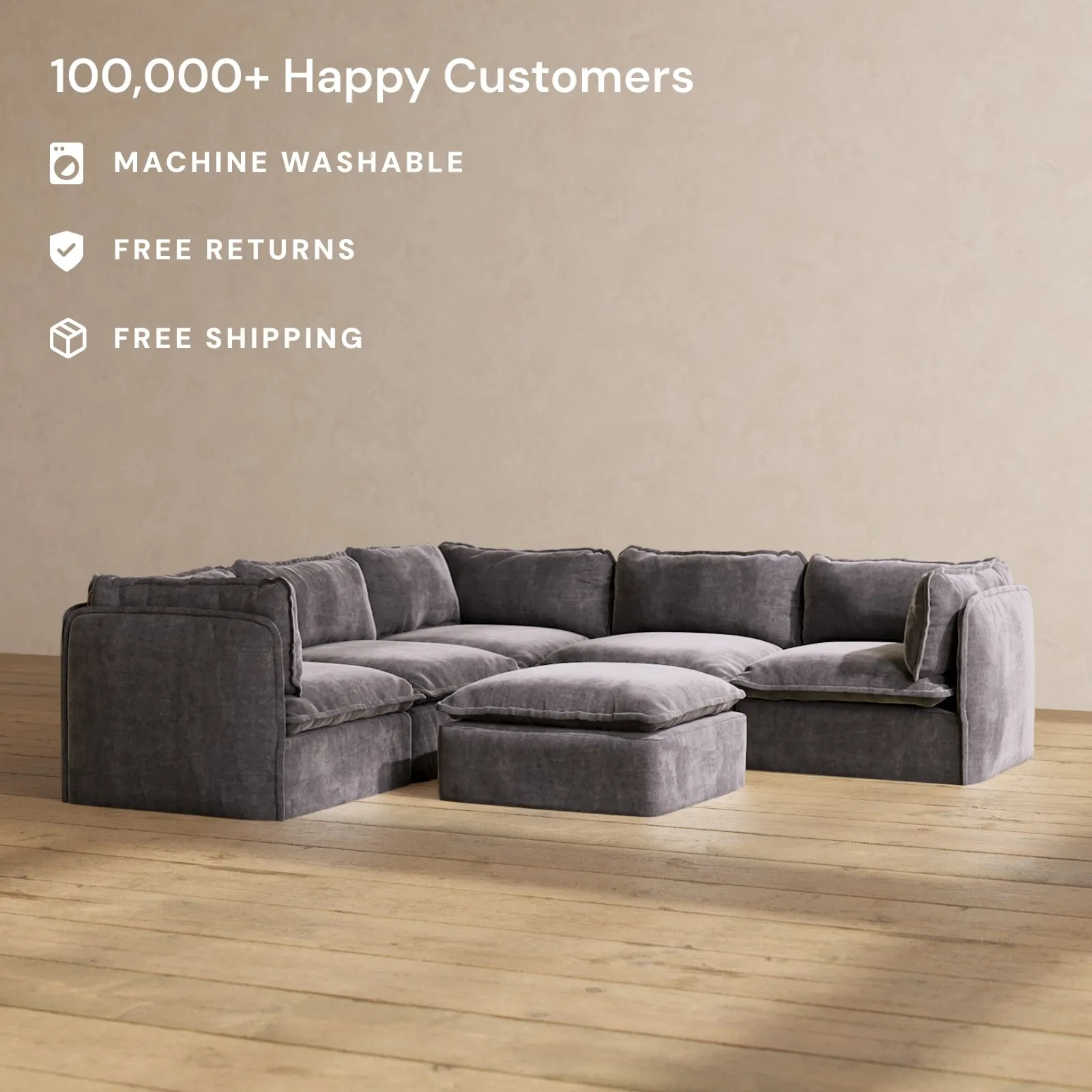 Modular Performance 5-Seater Corner Sectional   Ottoman in Cinder | Relaxed Blend