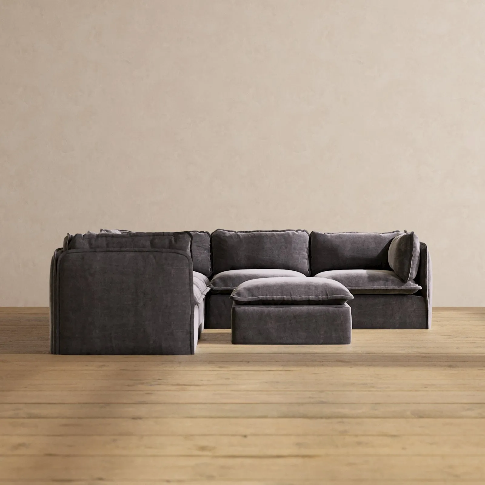 Modular Performance 5-Seater Corner Sectional   Ottoman in Cinder | Relaxed Blend