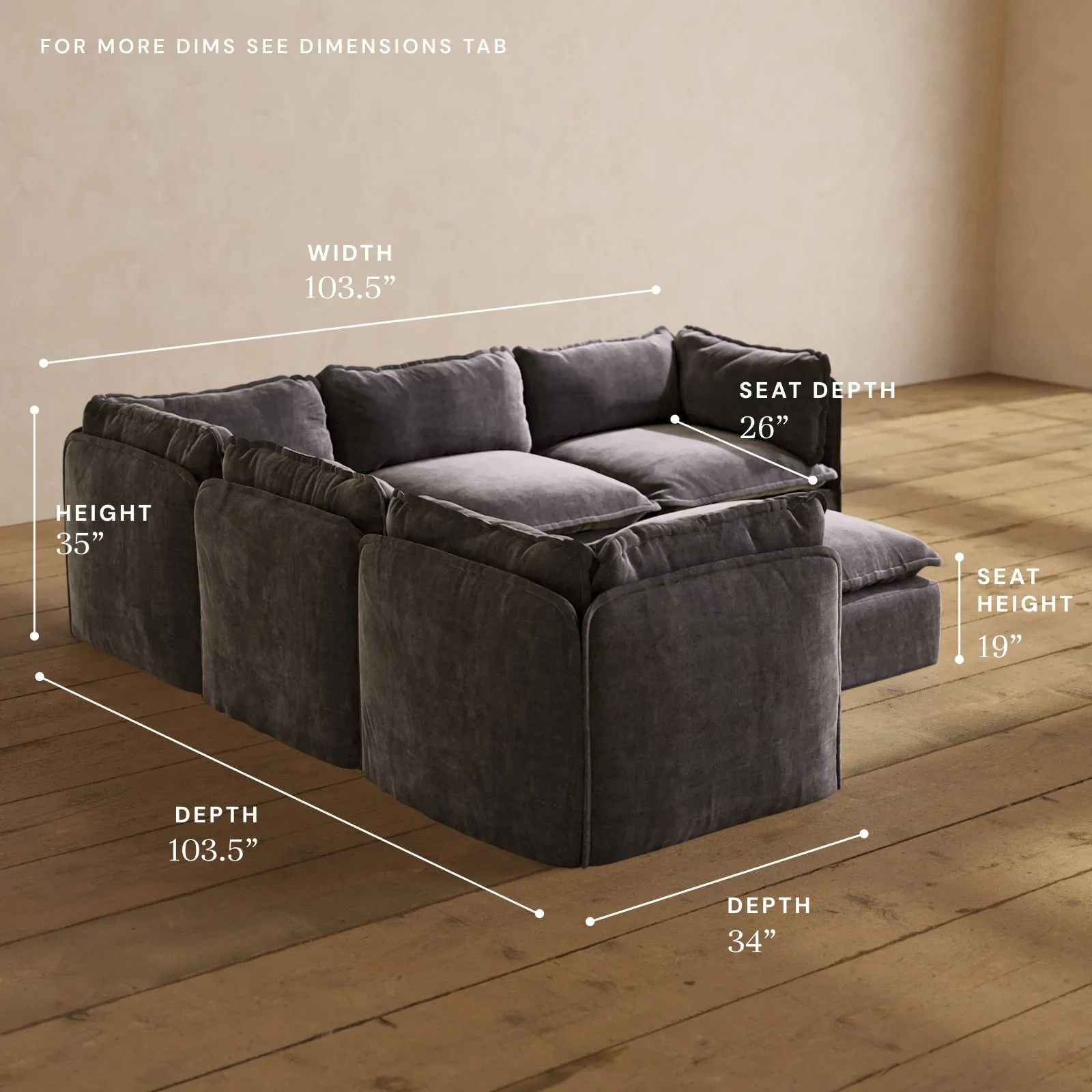 Modular Performance 5-Seater Corner Sectional   Ottoman in Cinder | Relaxed Blend