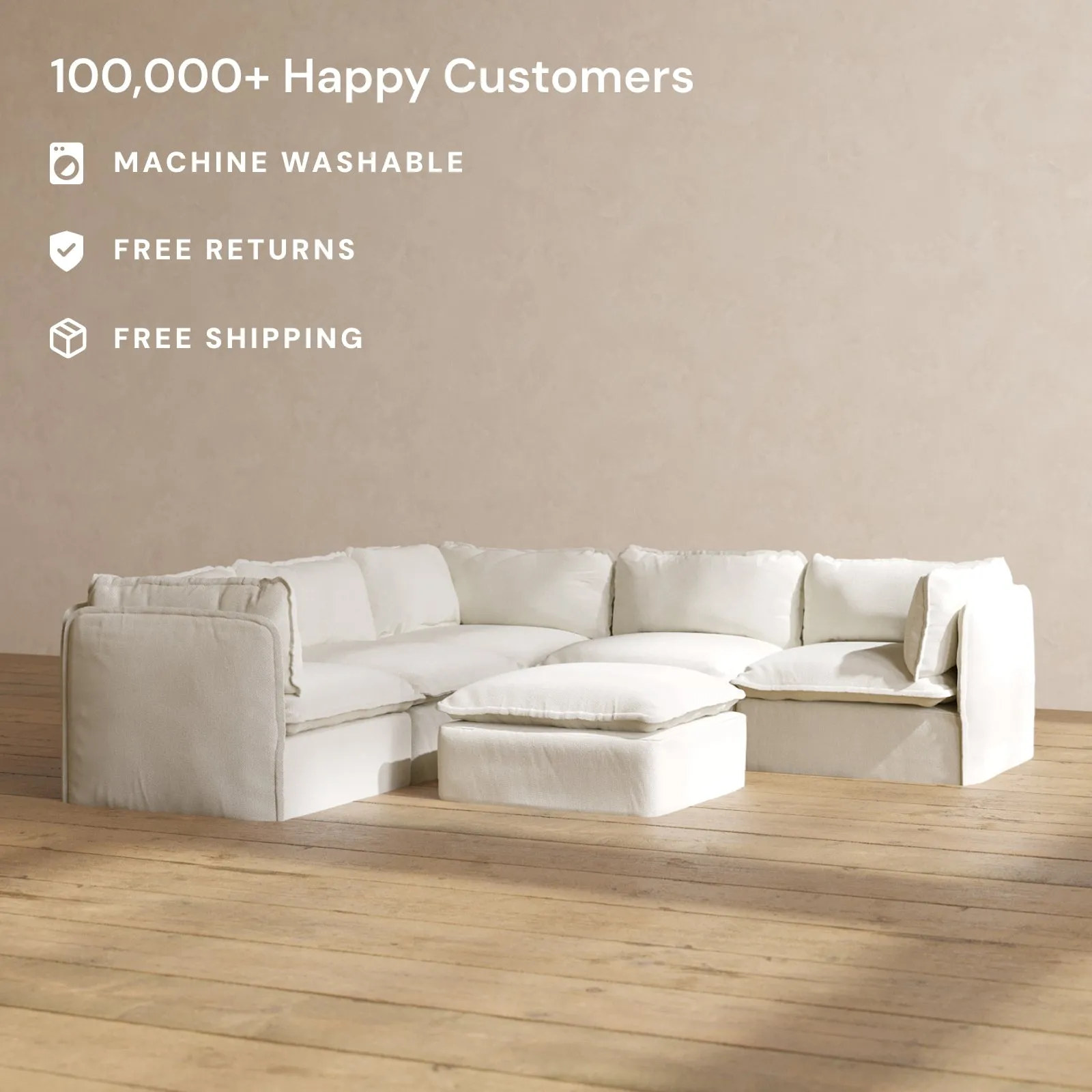 Modular Performance 5-Seater Corner Sectional   Ottoman in Eggshell | Deluxe Blend