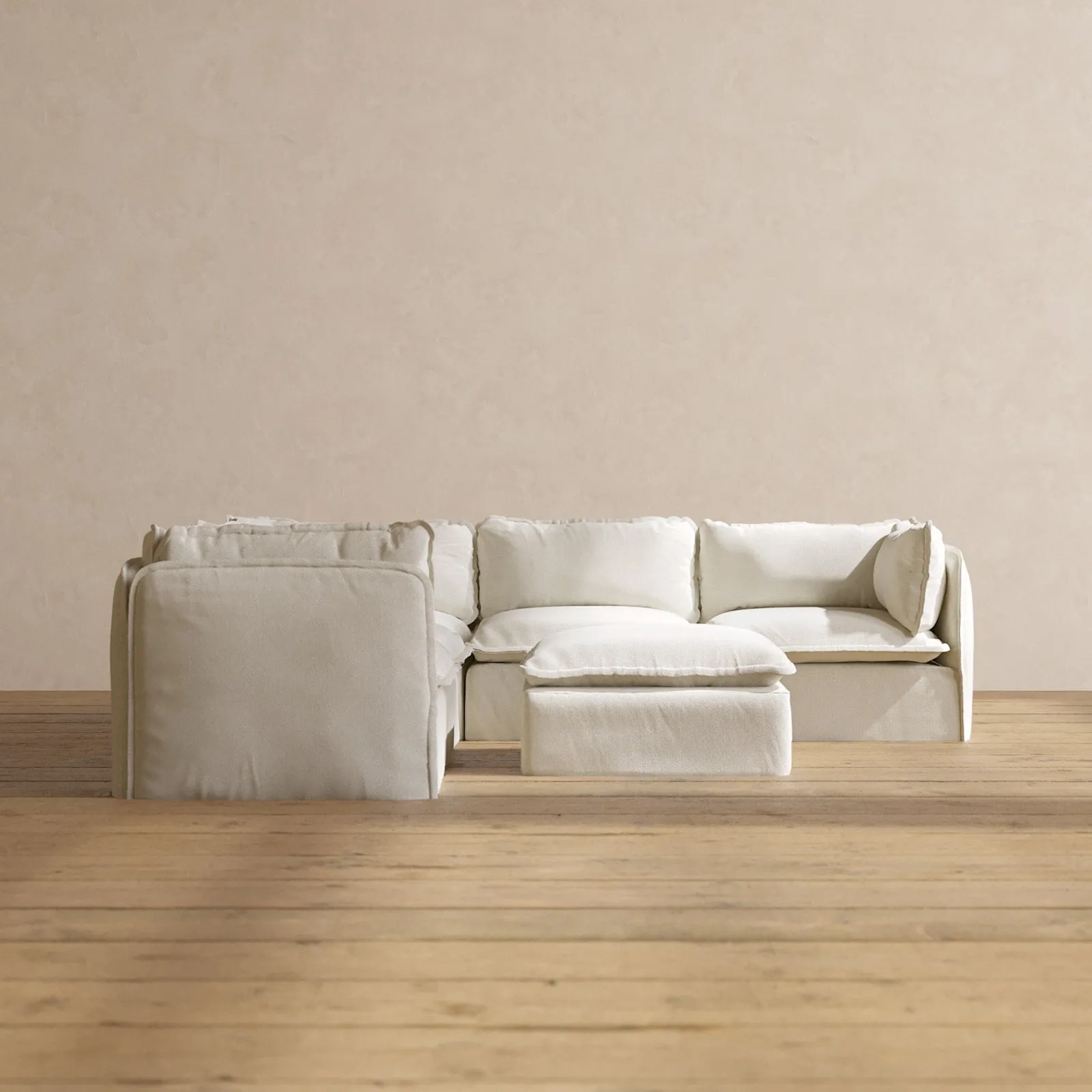 Modular Performance 5-Seater Corner Sectional   Ottoman in Eggshell | Deluxe Blend