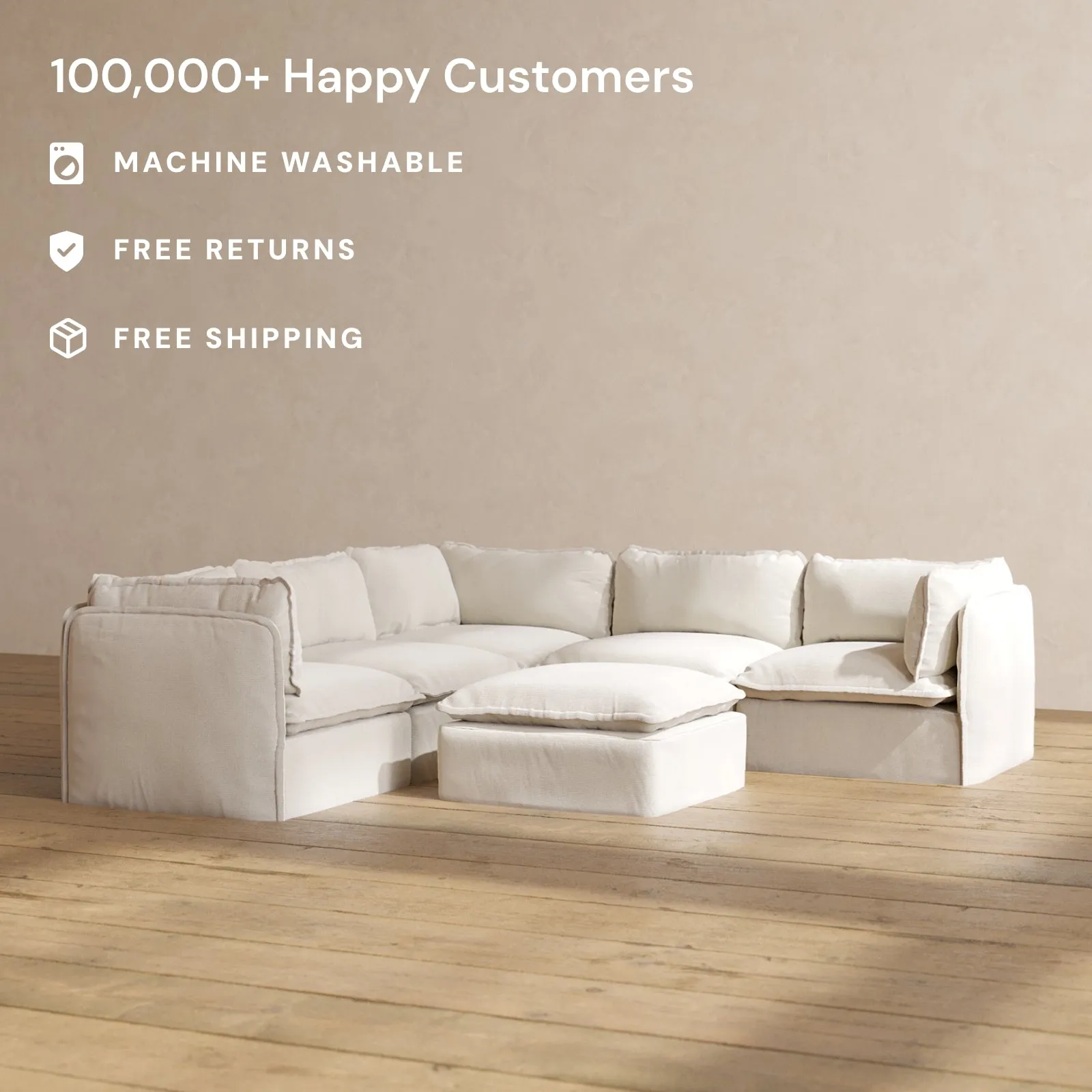 Modular Performance 5-Seater Corner Sectional   Ottoman in Flour | Deluxe Blend
