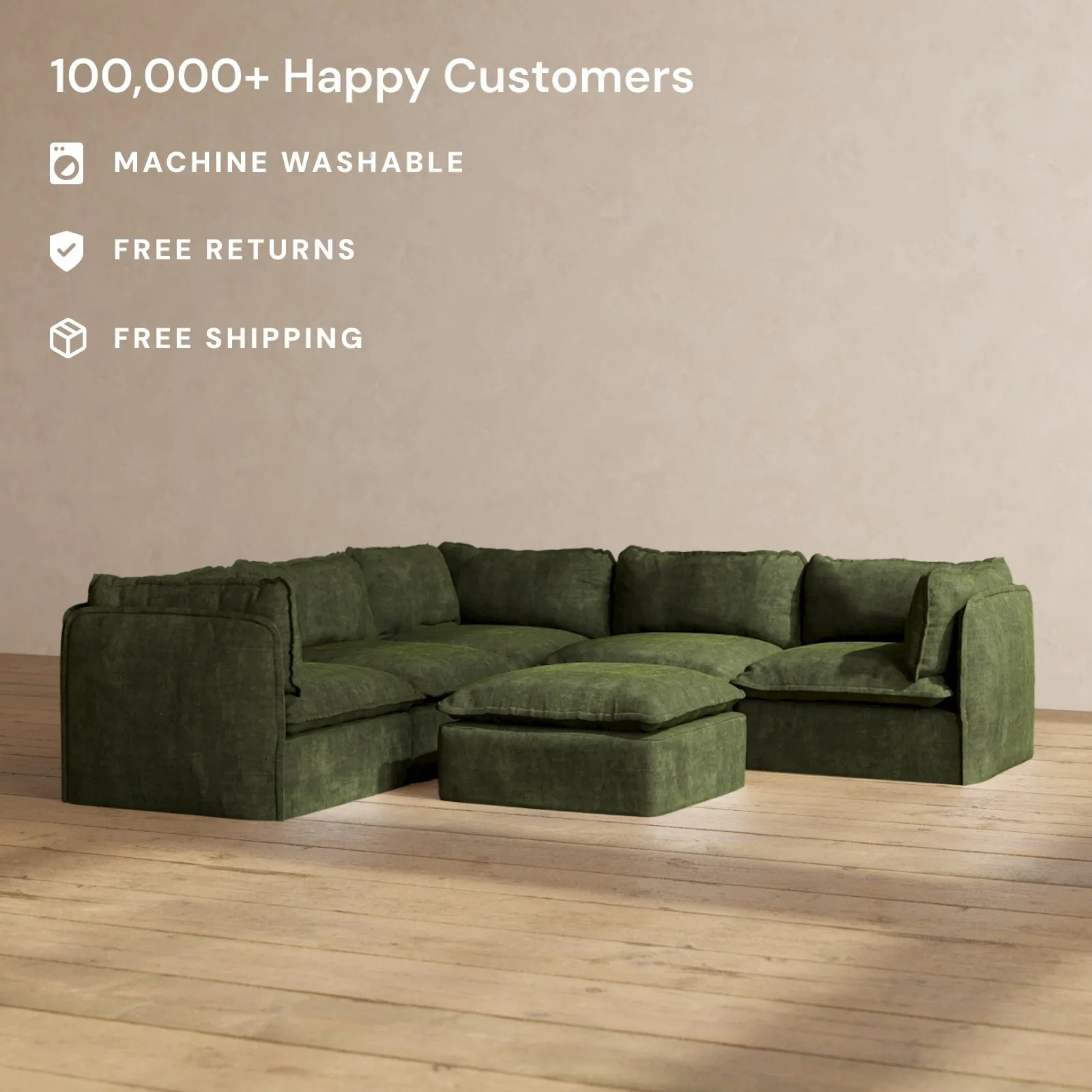 Modular Performance 5-Seater Corner Sectional   Ottoman in Olive | Relaxed Blend
