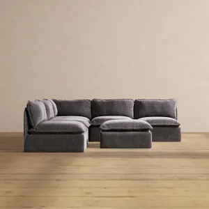 Modular Performance 5-Seater Open-Ends Corner Sectional   Ottoman in Cinder | Deluxe Blend