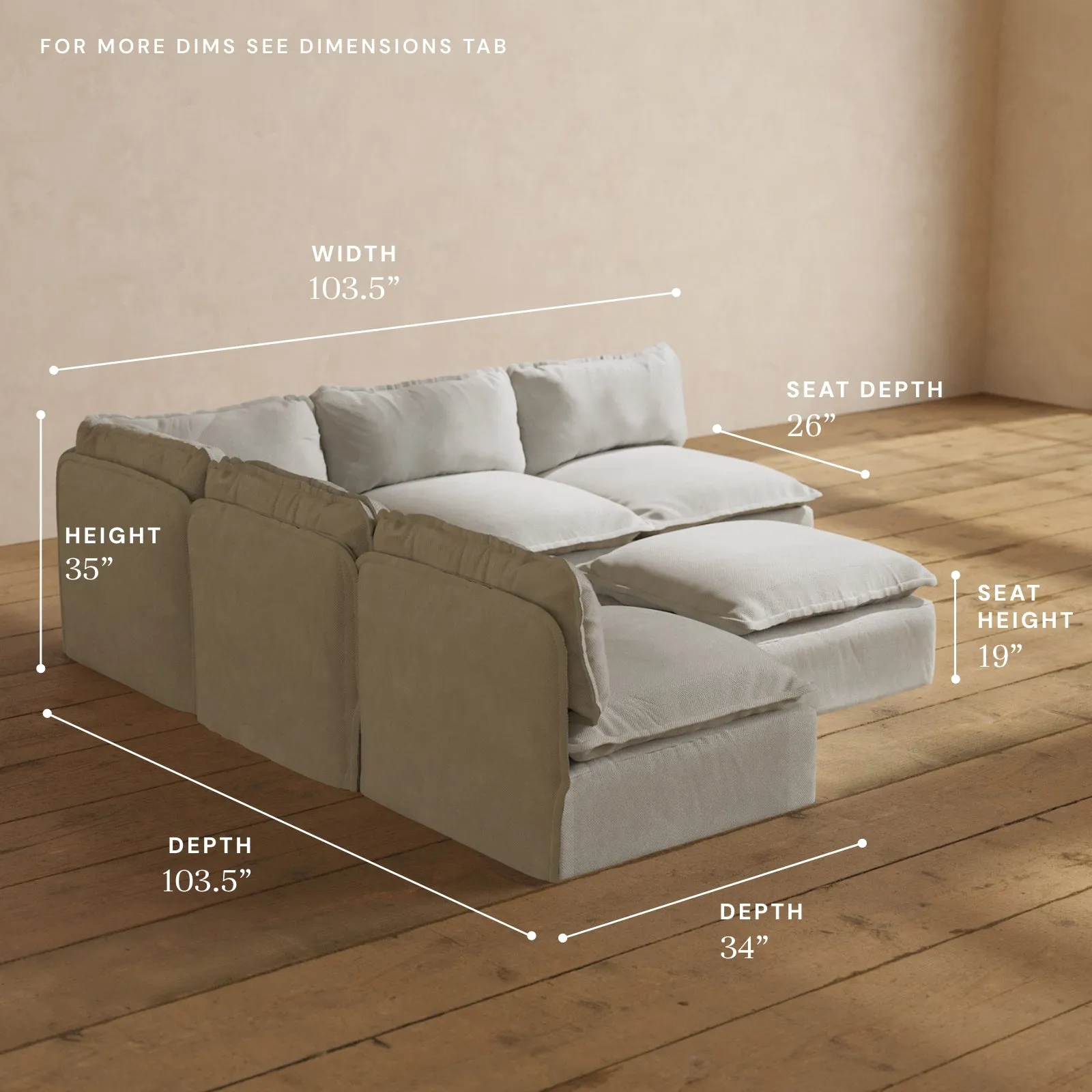 Modular Performance 5-Seater Open-Ends Corner Sectional   Ottoman in Cloud | Relaxed Blend