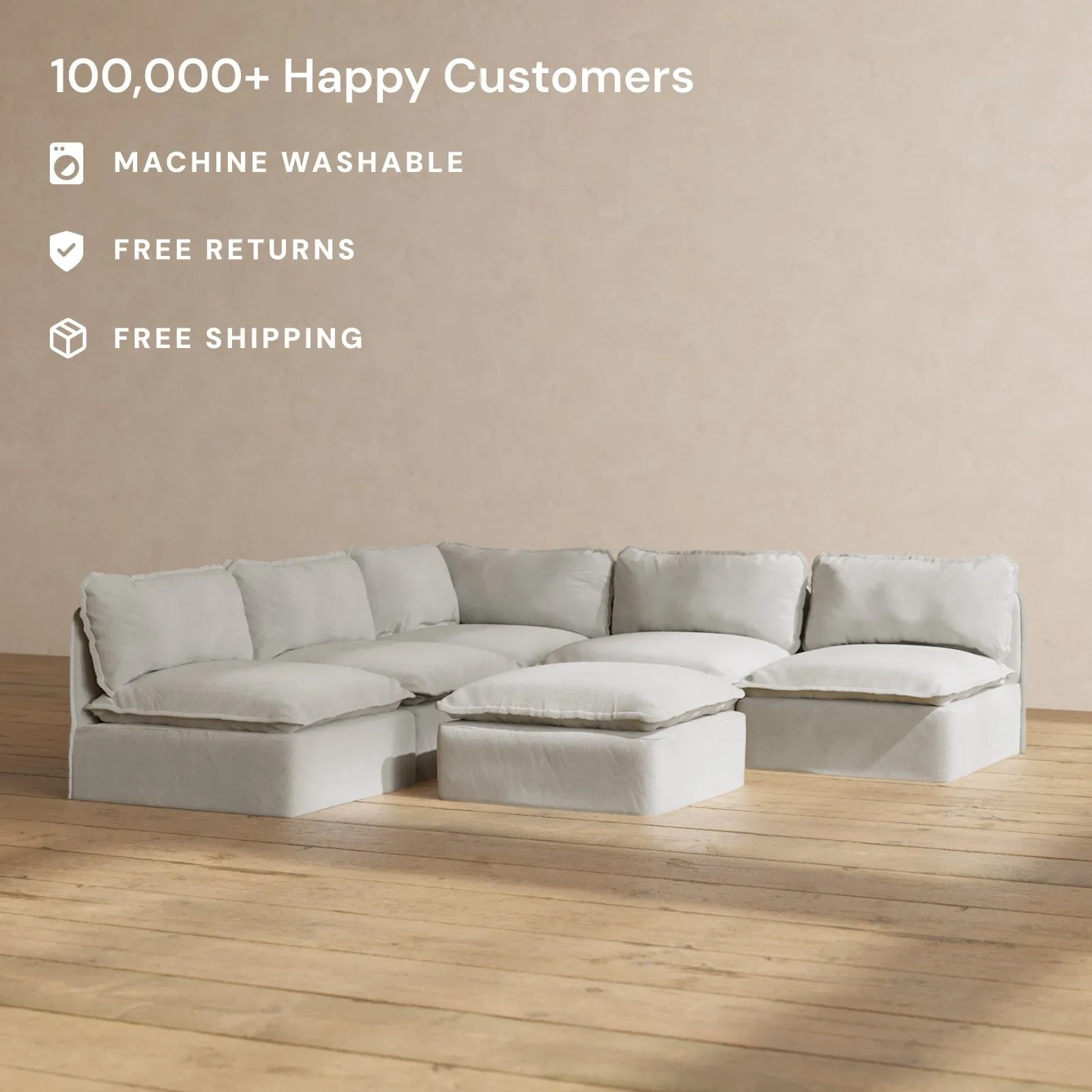 Modular Performance 5-Seater Open-Ends Corner Sectional   Ottoman in Cloud | Relaxed Blend