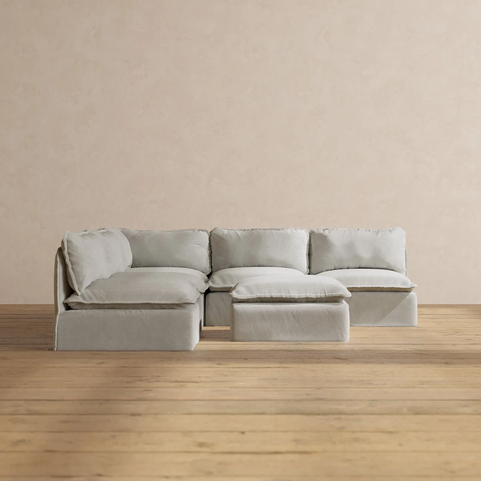 Modular Performance 5-Seater Open-Ends Corner Sectional   Ottoman in Cloud | Relaxed Blend