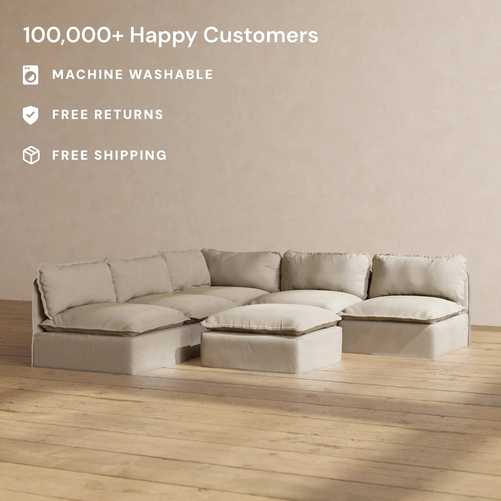 Modular Performance 5-Seater Open-Ends Corner Sectional   Ottoman in Dune | Relaxed Blend