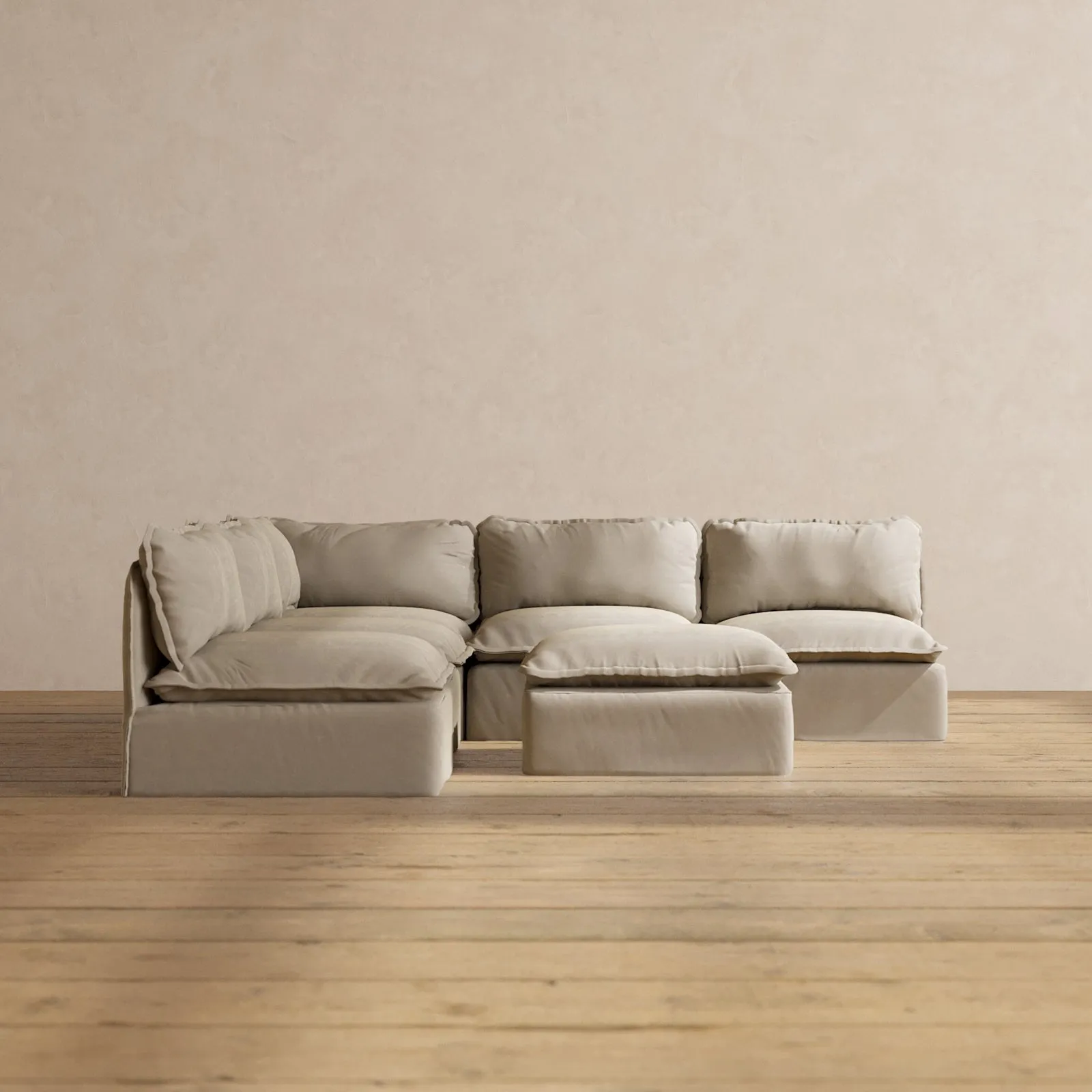 Modular Performance 5-Seater Open-Ends Corner Sectional   Ottoman in Dune | Relaxed Blend